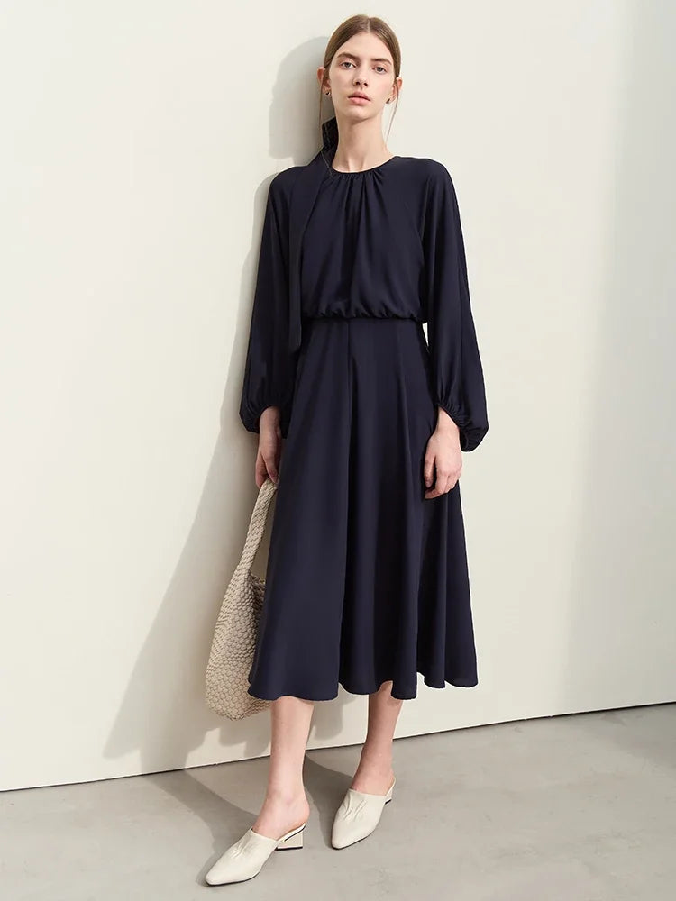 Elegant Minimalist Women's Chiffon Dress - 2024 Spring Summer Flowy A-Line Maxi Dress with Lantern Sleeves & Detachable Waist Belt | Perfect for Beach Vacations, Weddings & Casual Outings