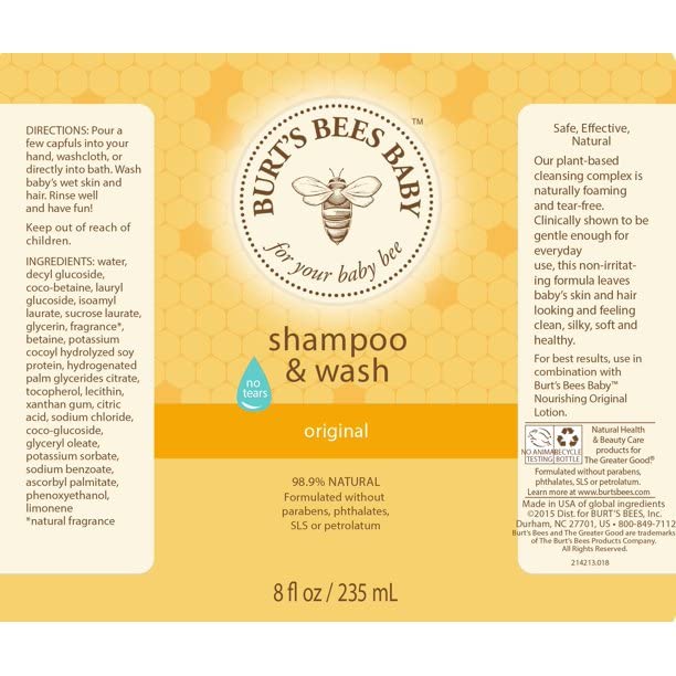 Burt's Bees Baby Bee Original Shampoo & Wash 8 oz | Tear-Free Gentle Cleanser for Newborns & Infants | Perfect for Bath Time & Sensitive Skin Care