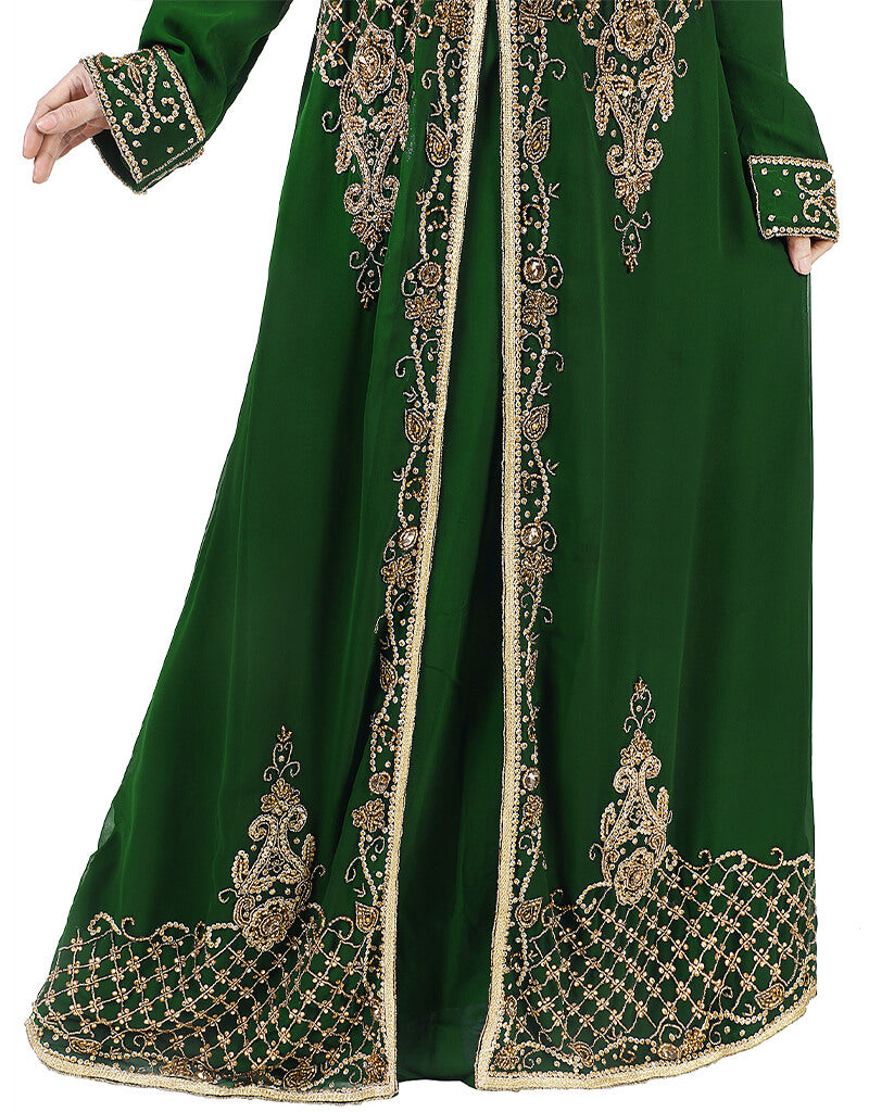 Elegant Arabic Green Georgette Kaftan with Handcrafted Zari Embroidery - Perfect for Weddings, Parties & Special Occasions