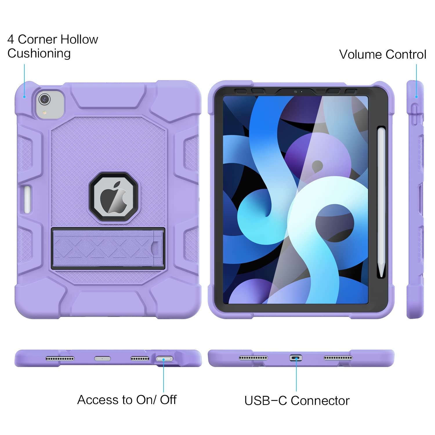 Shockproof Kids Case for iPad Air 5th/4th Generation 10.9 Inch (2022/2020) | Heavy Duty Rugged Protective Cover with Apple Pencil 2nd Gen Charging Support | Purple | Perfect for School, Travel & Outdoor Activities