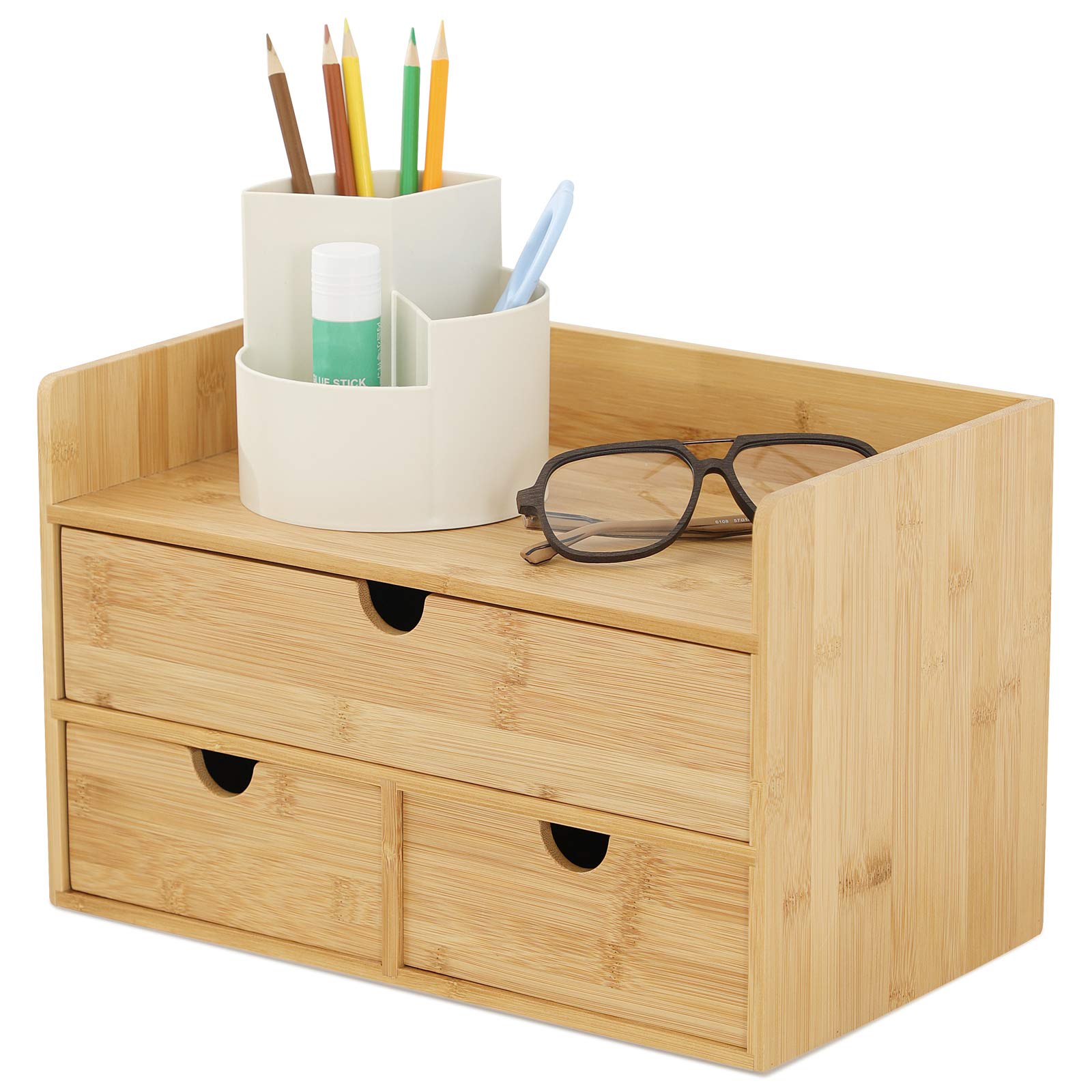 Bamboo Desk Organizer with Drawers - Wooden Desktop Storage for Office Supplies, Makeup, Bills & Kitchen Utensils | No Assembly Required | Perfect for Home Office, Vanity & Kitchen Organization