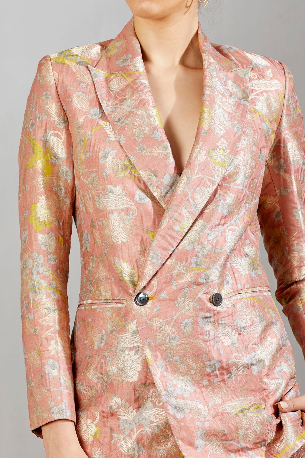 Double Breasted Silk Brocade Blazer in Salmon Pink | Women's Formal Business Jacket | Perfect for Office Wear, Weddings & Special Occasions