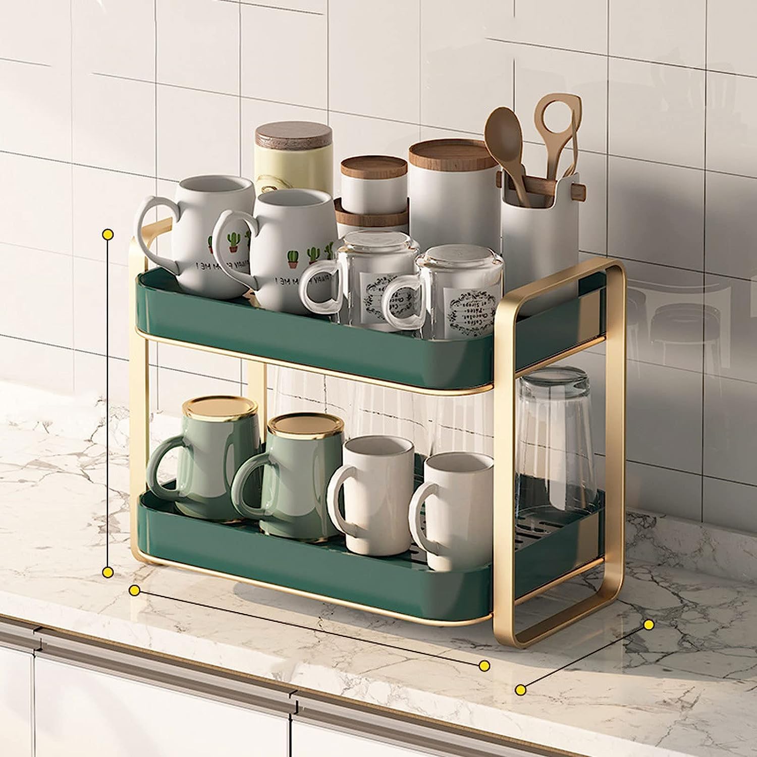 Multipurpose Double Drain Shelf Organizer - Bathroom, Kitchen, Wardrobe Storage Rack for Cosmetics, Stationery & Vegetables | Space-Saving Drain Tray Shelf for Sink Utensils & Drying | Perfect for Small Spaces & Home Organization (Green)