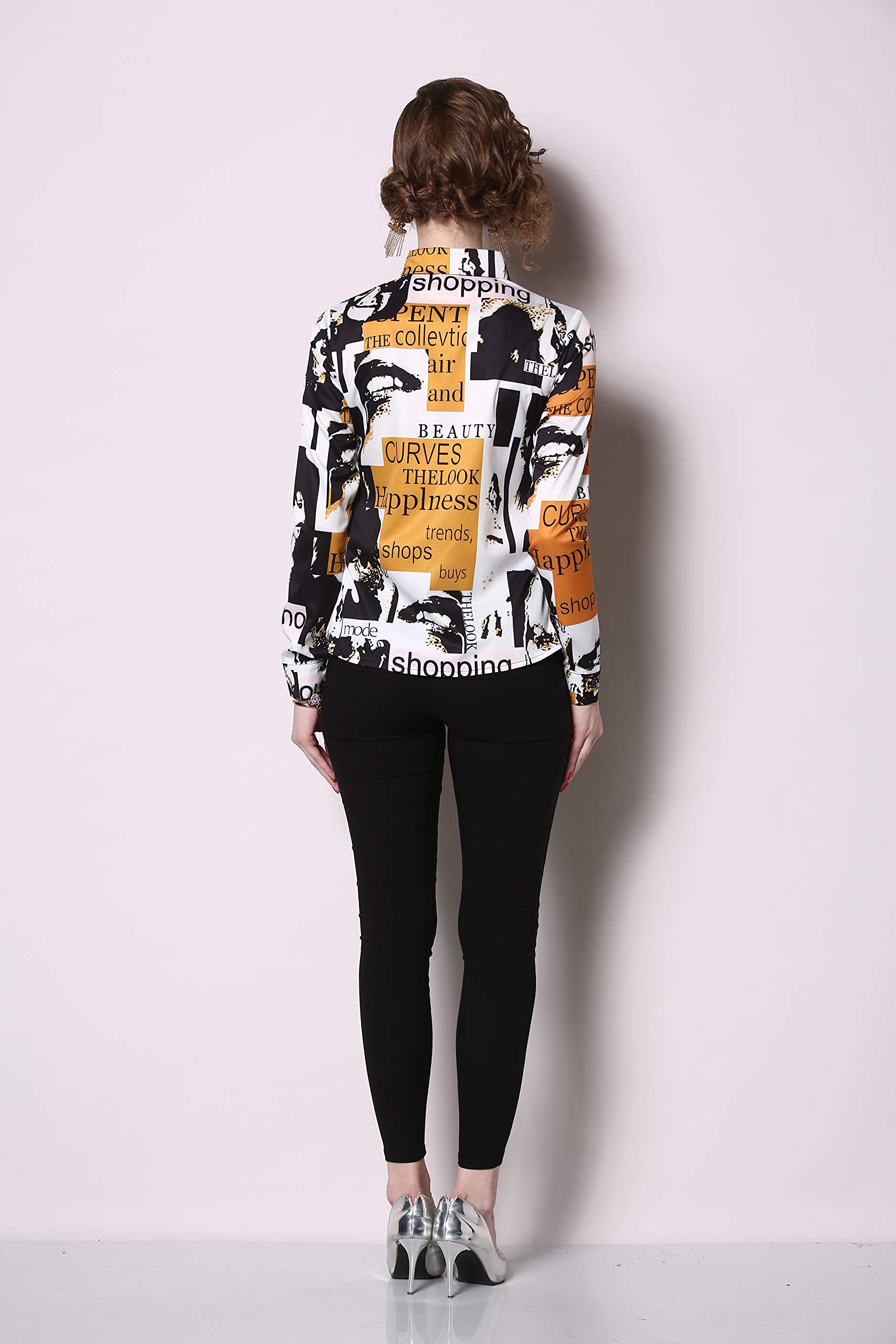 Women's Stylish Letter Print Long Sleeve Button-Up Blouse with Collar - Perfect for Office Wear, Casual Outfits & Everyday Fashion