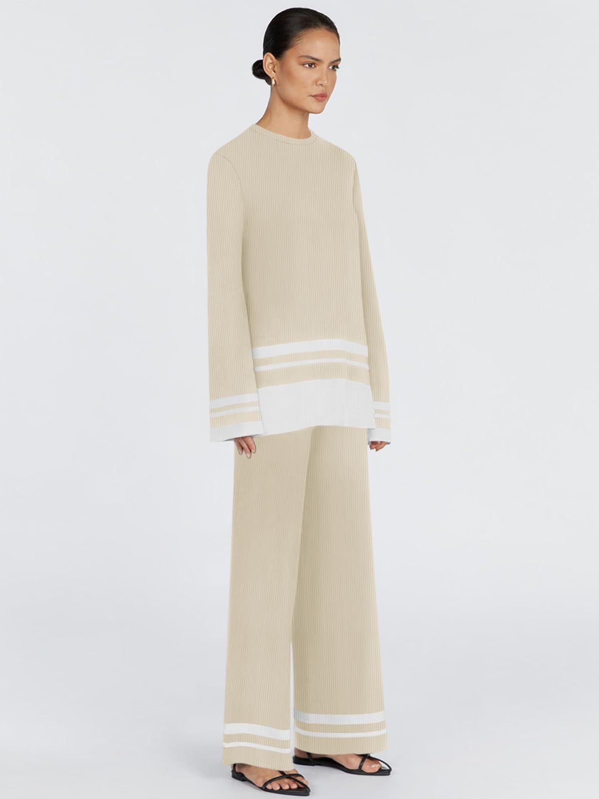 Yousify Women's 2-Piece Oversized Striped Sweater Set - Knit Lounge Matching Tracksuit Outfit 2024 | Cozy Winter Loungewear, Casual Streetwear & Home Comfort