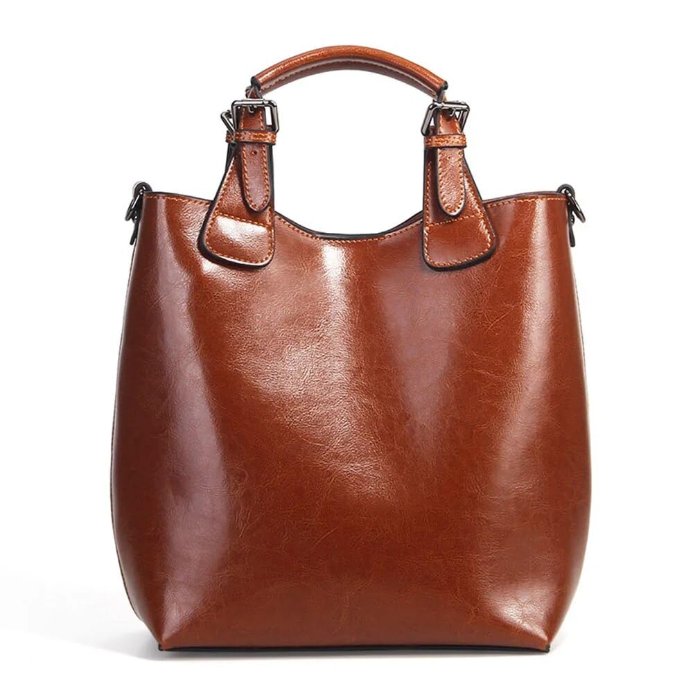 Vintage Oil Wax Leather Handbag for Women - Retro Casual Tote Bucket Bag - Perfect for Work, Travel & Everyday Use