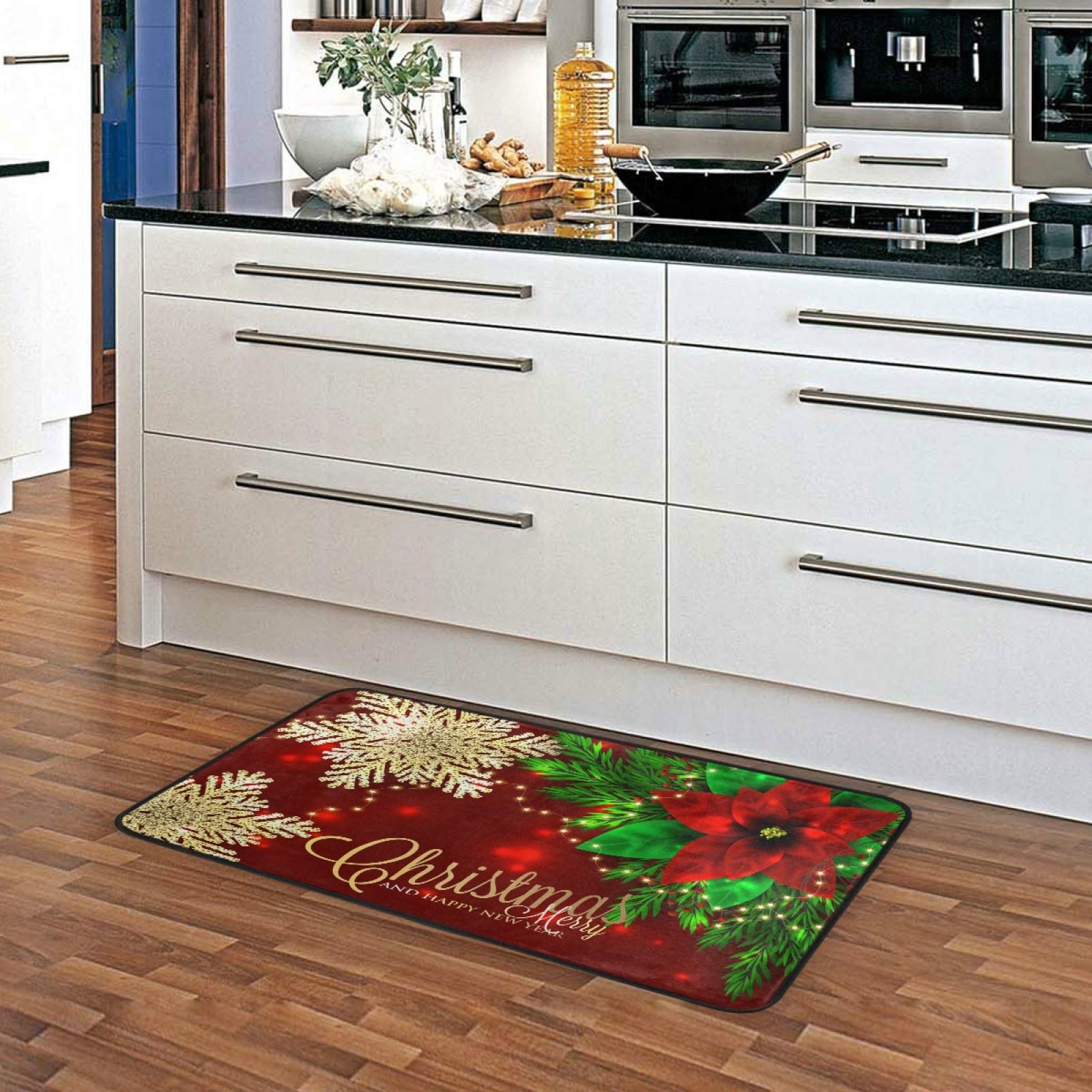 ALAZA Christmas Poinsettia Snowflakes Non-Slip Kitchen Rug - Soft Floor Mat for Standing Comfort - 39x20 Inch Holiday Bath Rug, Runner & Doormat - Perfect for Home Decor, Kitchen, Entryway & Bathroom