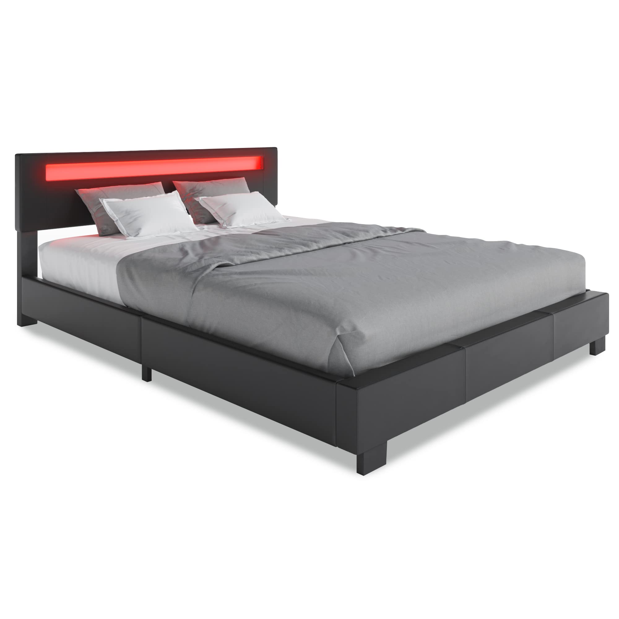 ZTOZZ Parma LED Bed Frame Queen Size - Modern Low Profile Platform Bed with 16-Color Adjustable LED Headboard & PU Leather Upholstery - Black - Perfect for Bedroom, Guest Room, or Dorm Decor