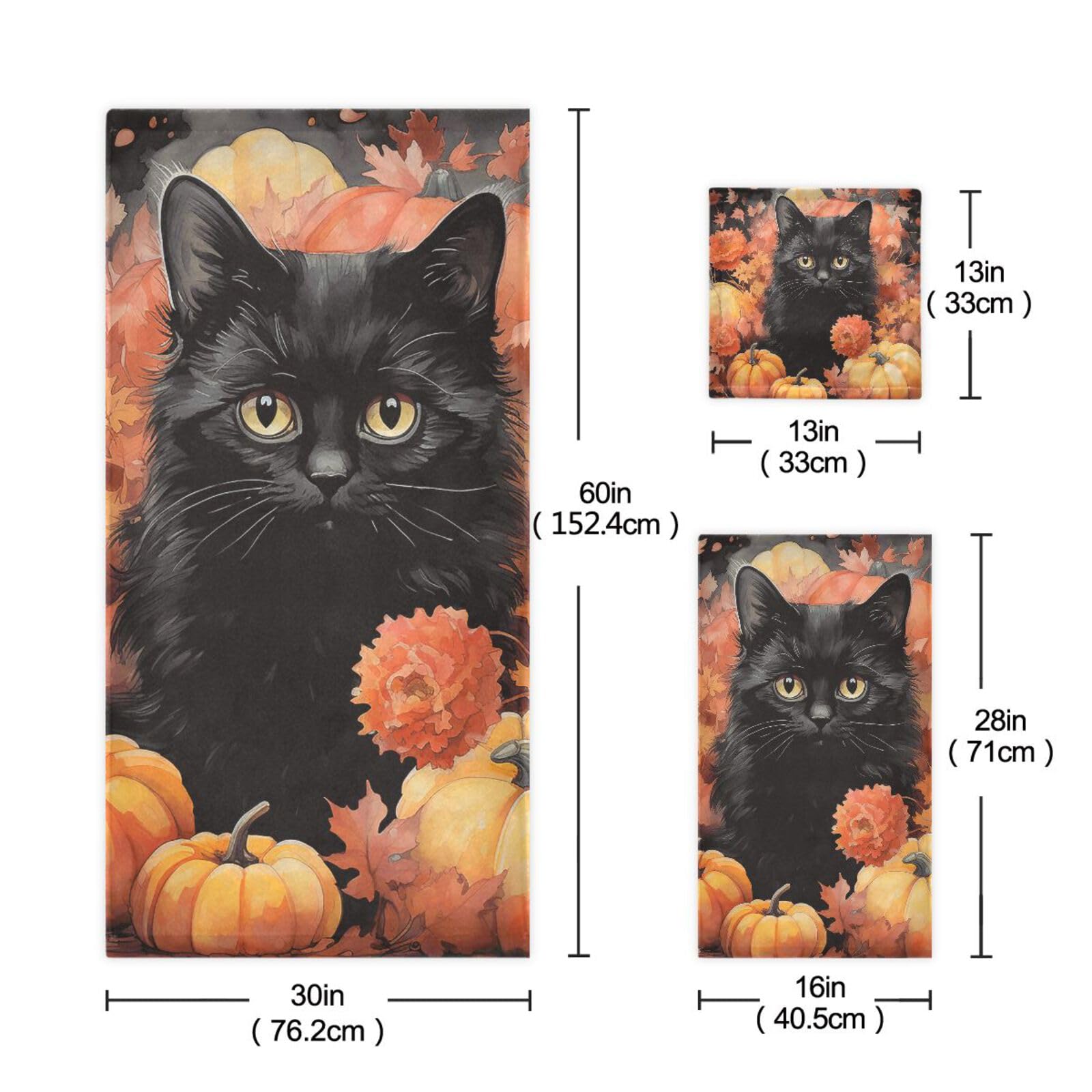 Premium Absorbent Microfiber Bath Towel Set - Soft Decorative Bathroom Towels with Washcloths | Quick-Drying Beach & Shower Towels for Home, Spa, Pool, and Travel | Thanksgiving Pumpkin & Halloween Cat Design