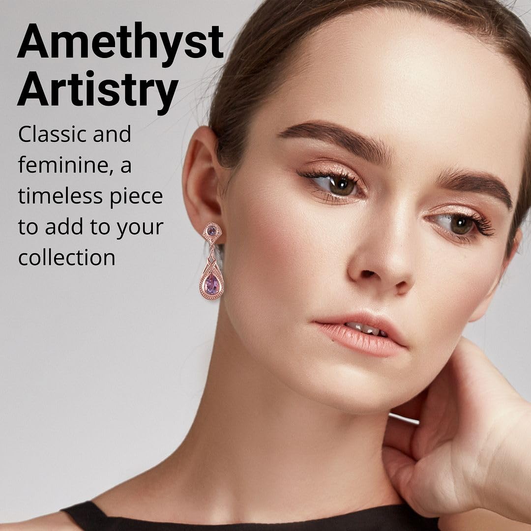 Shop LC Amethyst Earrings - 18K Rose Gold ION Plated Dangle Earrings for Women | February Birthstone Drop Earrings | Elegant Costume Jewelry for Birthday Gifts & Special Occasions | Perfect for Valentine's Day, Anniversaries & Formal Events
