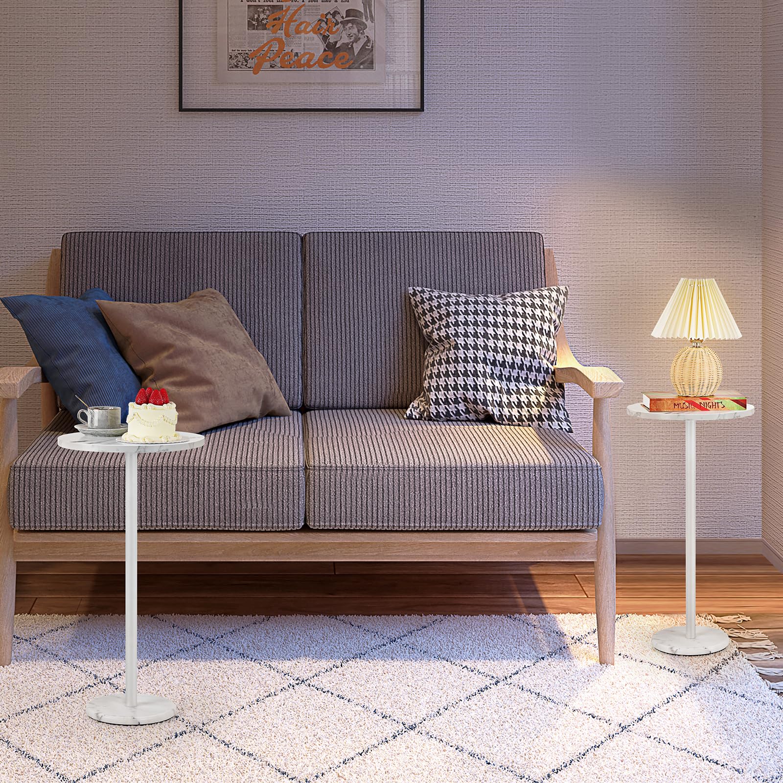 Modern White Round Side Table Set of 2 - Small Accent End Tables with Marble Base for Living Room, Bedroom, Outdoor - Perfect for Drinks, Books & Decor