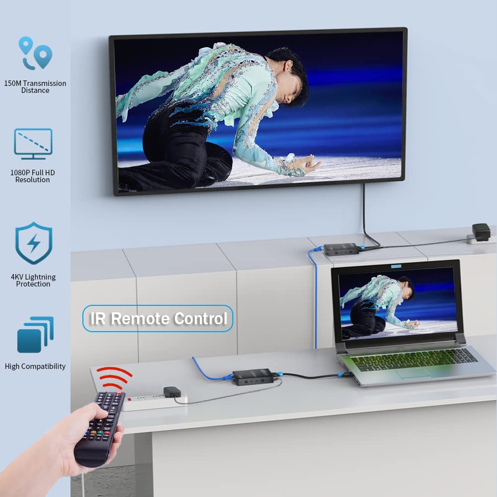 Digital HDMI Extender Over Cat5e/6 - Uncompressed Full HD 1080p 60Hz | HDMI Over Ethernet Cable Up to 495ft | Supports IR Remote Control & HDMI Loop Out | Perfect for Home Theater, Conference Rooms & Gaming Setups