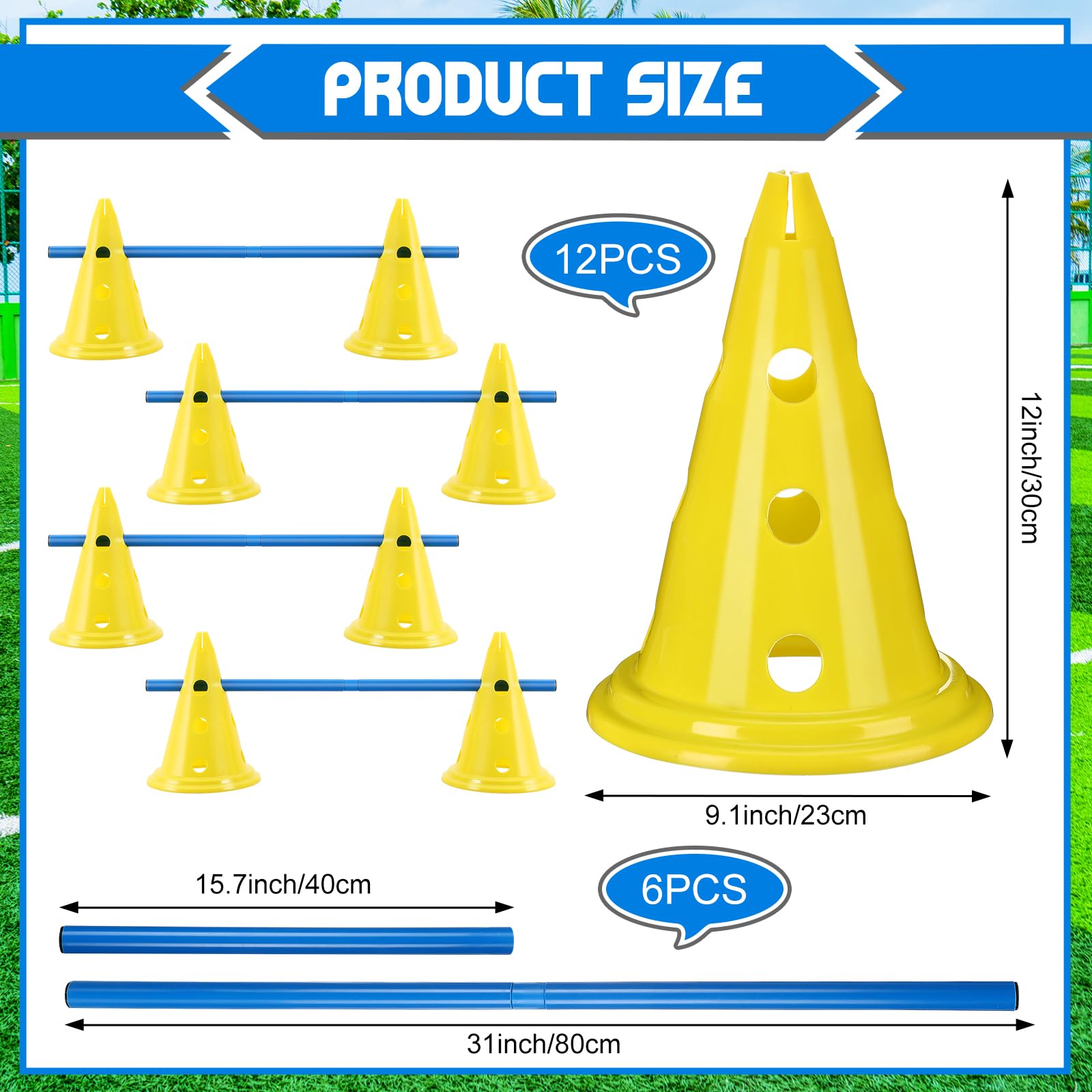 **Dog Agility Training Set - 12 Cones & 6 Adjustable Rods for Backyard Obstacle Course | Outdoor Pet Exercise Equipment (Yellow & Blue) - Perfect for Backyard Training, Dog Sports & Fun Playtime**