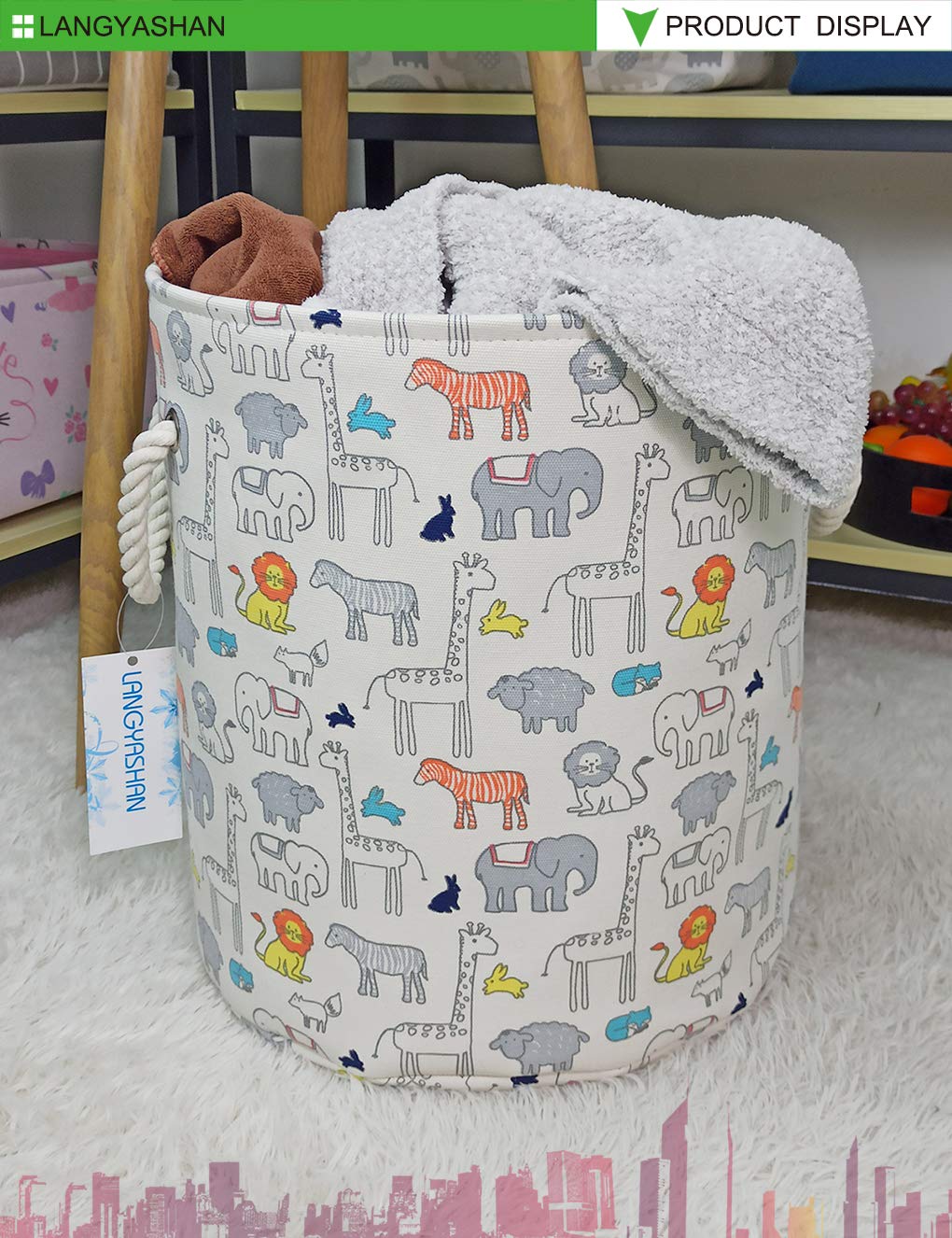 Collapsible Canvas Laundry Basket with Handle - Foldable Storage Organizer for Kids Room, Nursery, Bedroom - Perfect for Boys & Girls Toys, Clothes, and Gifts (Animal Design) - Ideal for Home Organization & Child-Friendly Storage Solutions