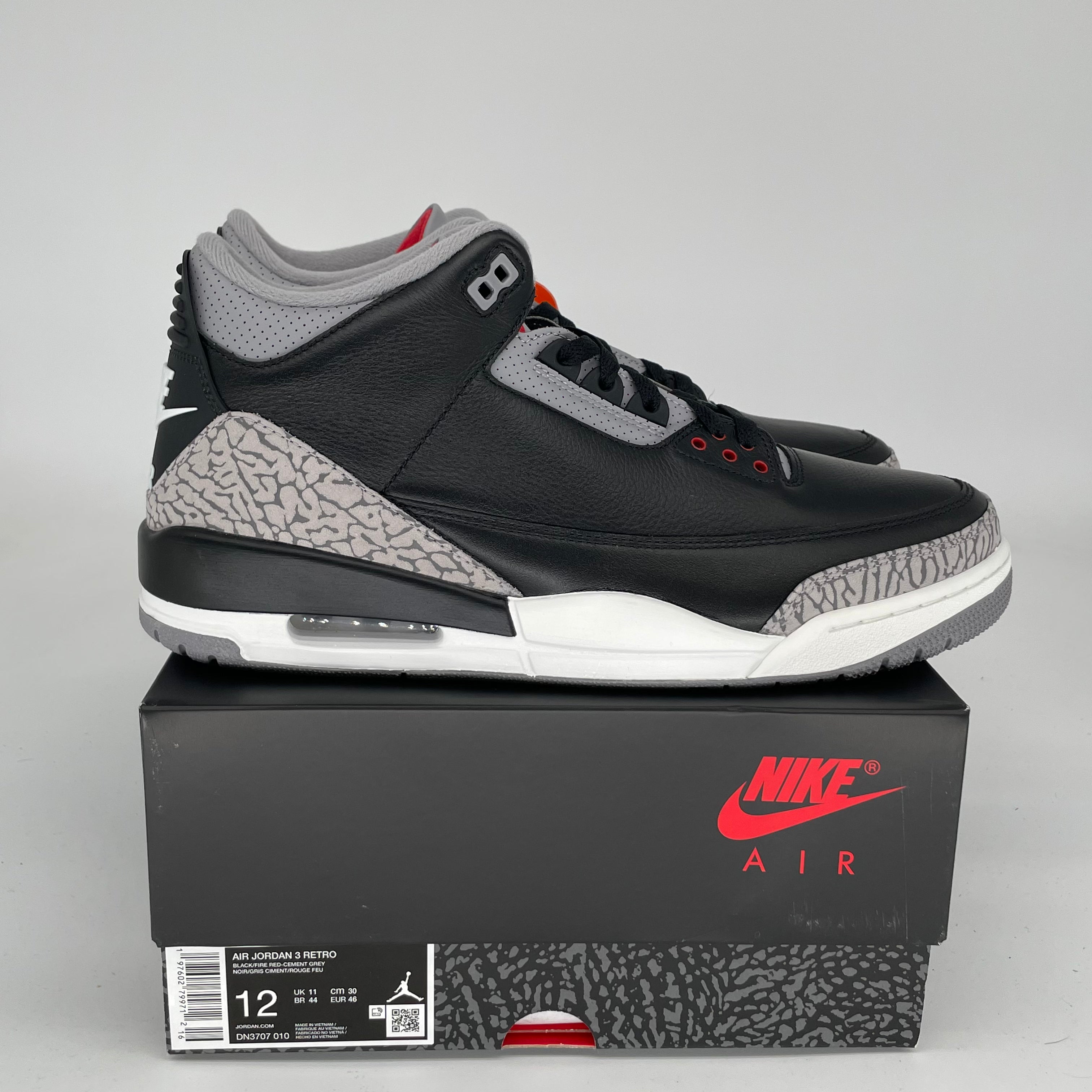 Original Air Jordan 3 Black Cement Reimagined Men's Basketball Shoes Size 12 (DN3707-010) - Retro Style for Sneaker Collectors & Streetwear Fashion