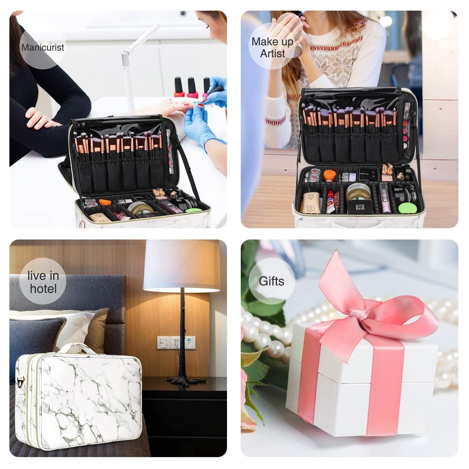 Professional 16 Inch Travel Makeup Case with Compartments - 2 Layer Cosmetic Train Case for Makeup Artists, Vanity Organizer & Brush Storage Bag (Marble Pattern) | Perfect for Travel, Salon Use & Home Makeup Organization