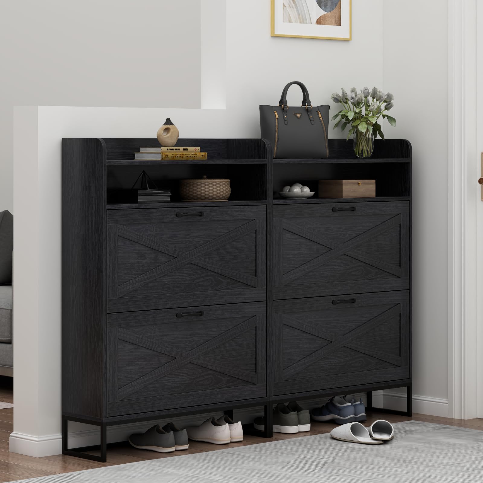 Freestanding Shoe Storage Cabinet with 2 Flip Drawers - Narrow Slim Entryway Shoe Organizer with Hidden Doors & Top Storage Cubby - Perfect for Small Spaces, Apartments & Closet Organization (Black)