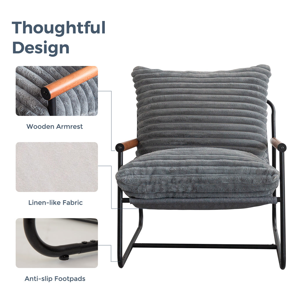 MAXYOYO Grey Striped Faux Fur Accent Chair with Wooden Arms & Metal Frame - Stylish Living Room Seating for Home, Office, or Lounge