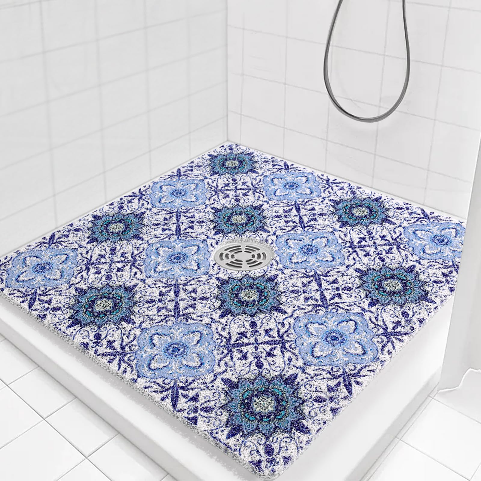 Non-Slip Square Shower Mat with Drain Hole - PVC Loofah Bath Mat for Shower Stall | Secure Anti-Slip Floor Mat for Bathroom, Spa & Gym Use