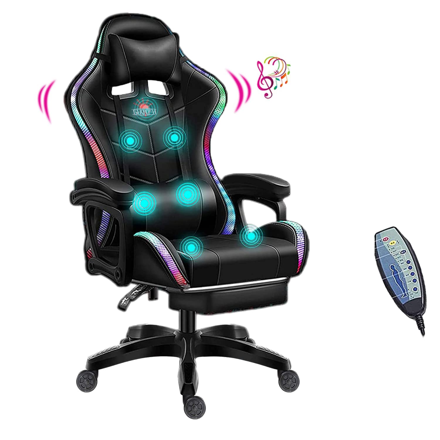 XOOFMASS Gaming Chair with Built-in Speakers & RGB LED Lights - Ergonomic Racing Office Chair, PU Leather Recliner with Lumbar Support - Perfect for Esports, Streaming & Home Office (Black)