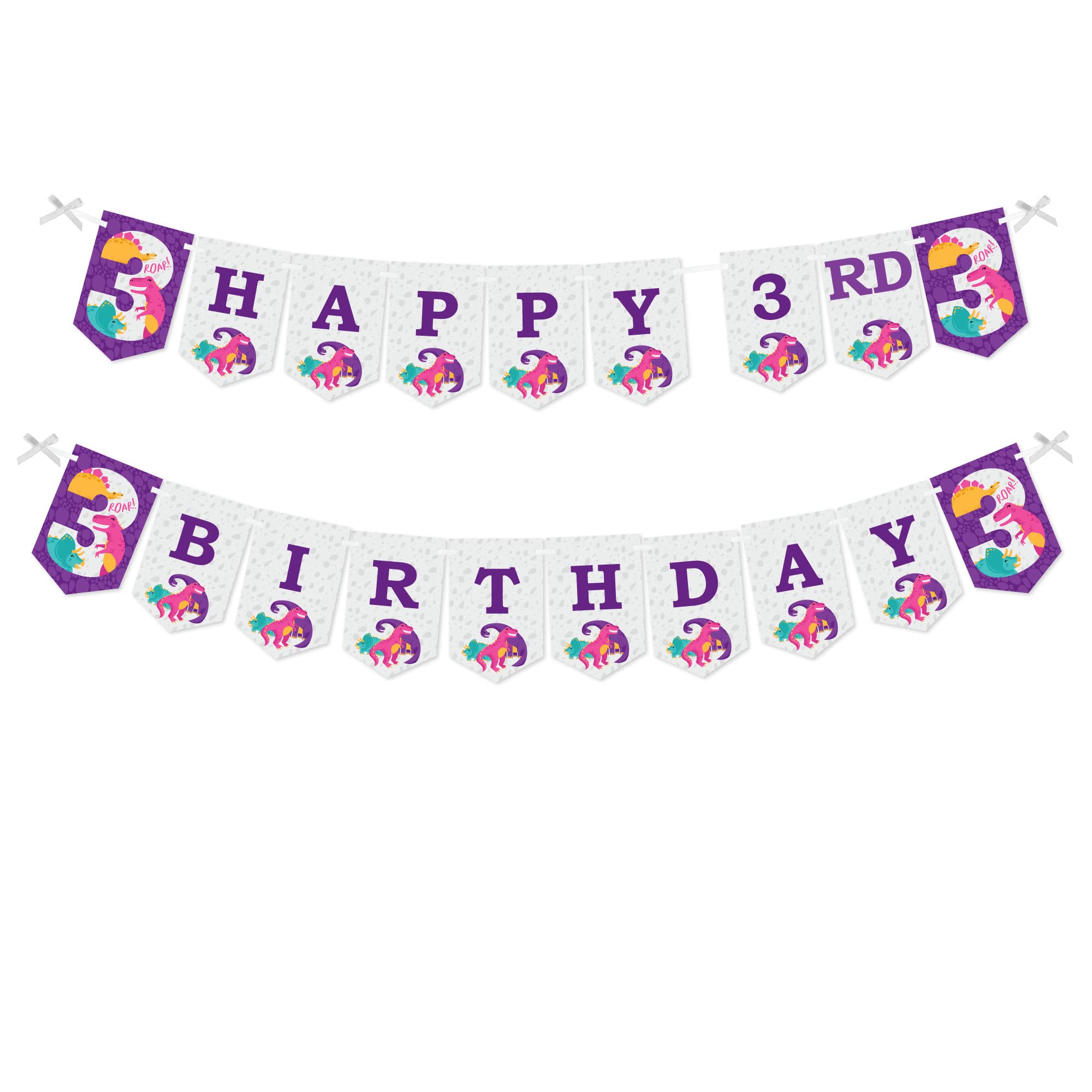 Big Dot of Happiness 3rd Birthday Dinosaur Party Banner - T-Rex Themed Happy 3rd Birthday Decor for Girls - Dino Party Supplies for Indoor/Outdoor Celebrations, Classrooms & Photo Backdrops