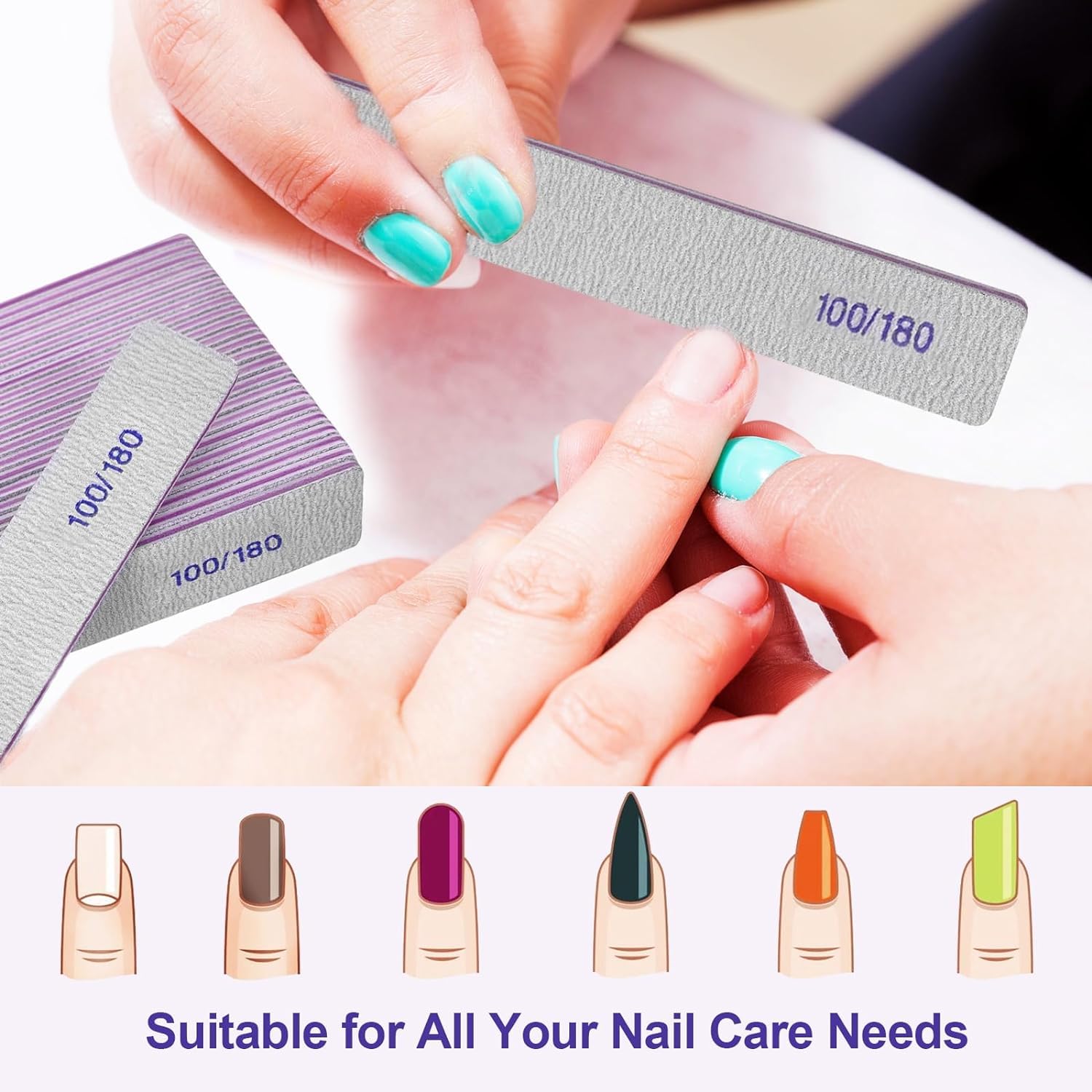 12 Pack Professional Nail Files - 100/180 Grit Double Sided Emery Boards for Natural & Acrylic Nails - Reusable Manicure Tools for Home Salon & Travel Nail Care