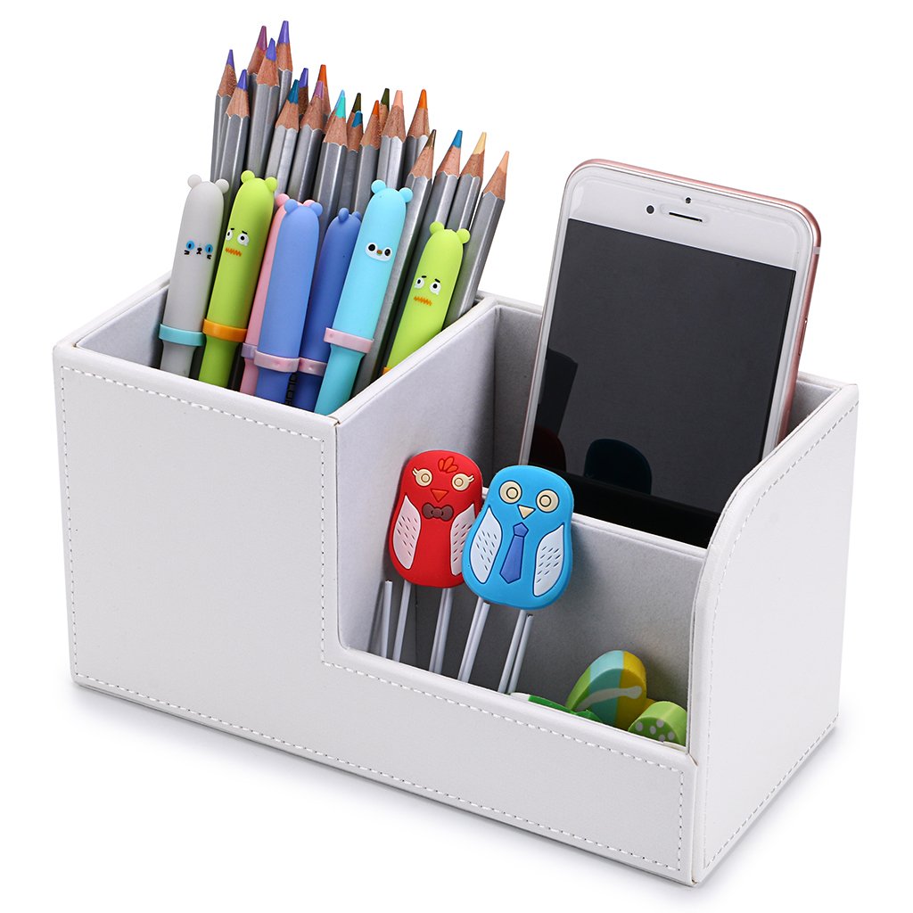 BTSKY PU Leather Desk Organizer - Multi-Functional Pen Pencil Holder, Business Card & Phone Storage, Remote Control Stationery Box for Home Office Desk Organization (White) | Perfect for Workspace, Study & Office Decor