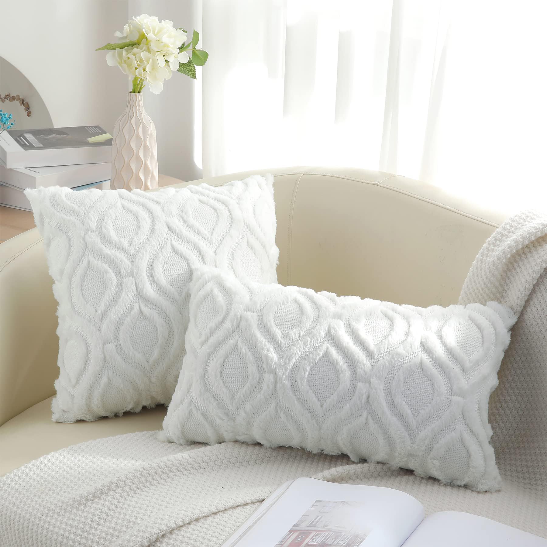 Soft Plush Faux Wool Throw Pillow Covers 20x20 Inch Set of 2 - White Couch Pillow Covers for Living Room, Sofa & Bed - Spring Solid Dyed Accent Pillow Cases - Home Decor & Cozy Interior Design Accessories