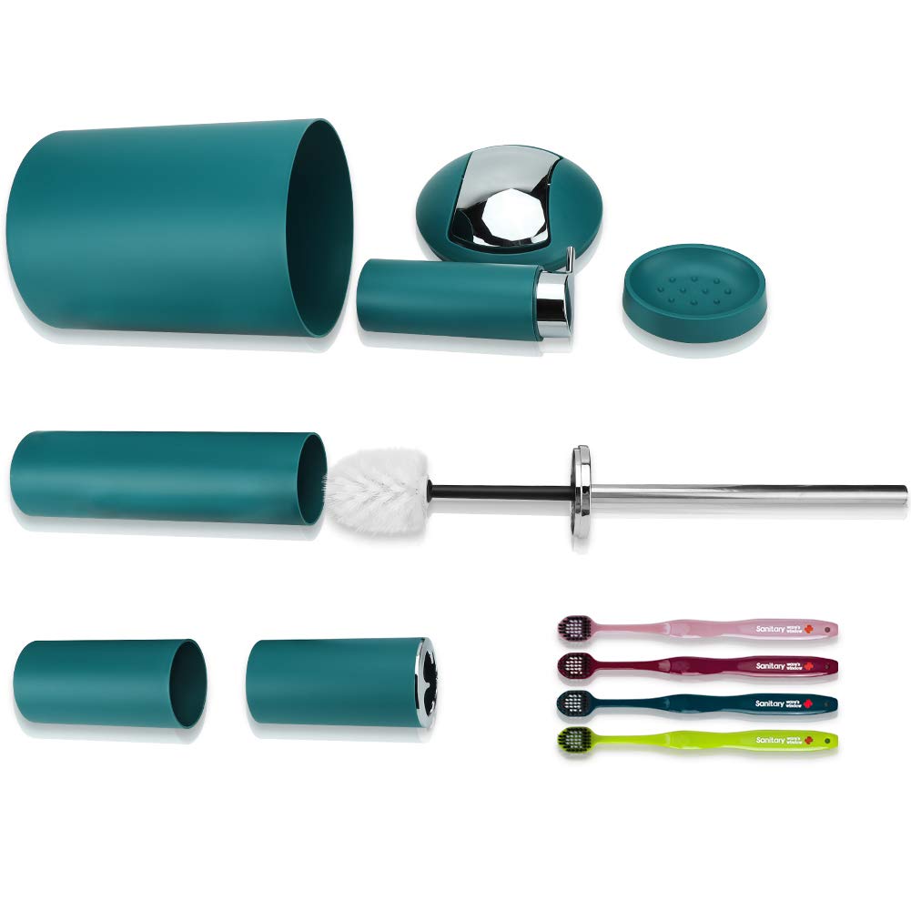 6-Piece Bathroom Accessories Set - Toothbrush Holder, Soap Dispenser, Trash Can, Tumbler Cup, Toilet Brush & Holder - Modern Deep Green Bathroom Decor - Perfect for Home, Apartment, and Guest Bathroom Organization