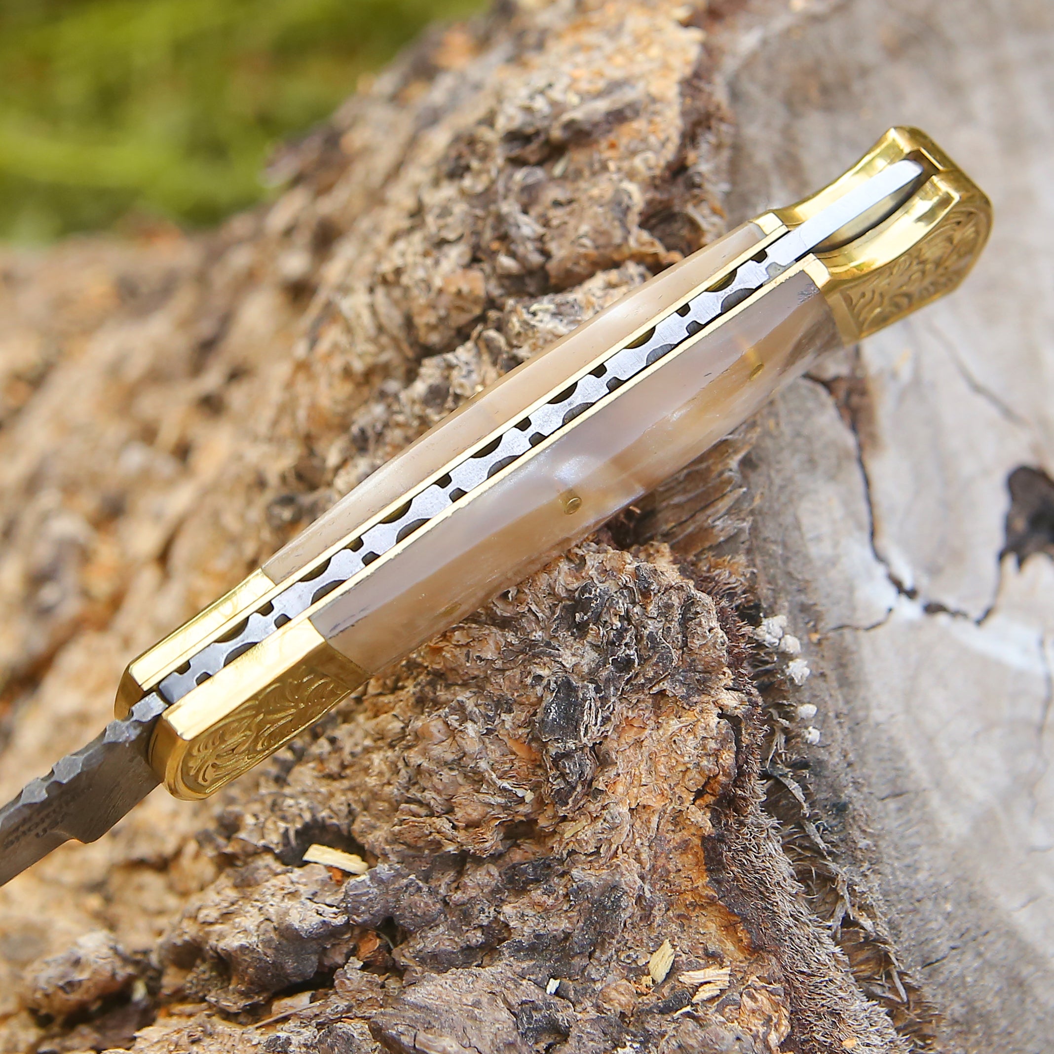 Premium Handmade Damascus Steel Pocket Knife - Thunderblade Folding Knife with Genuine Leather Sheath & Mother of Pearl Resin Handle - Perfect for Camping, Hunting, Outdoor Adventures & Everyday Carry (EDC)