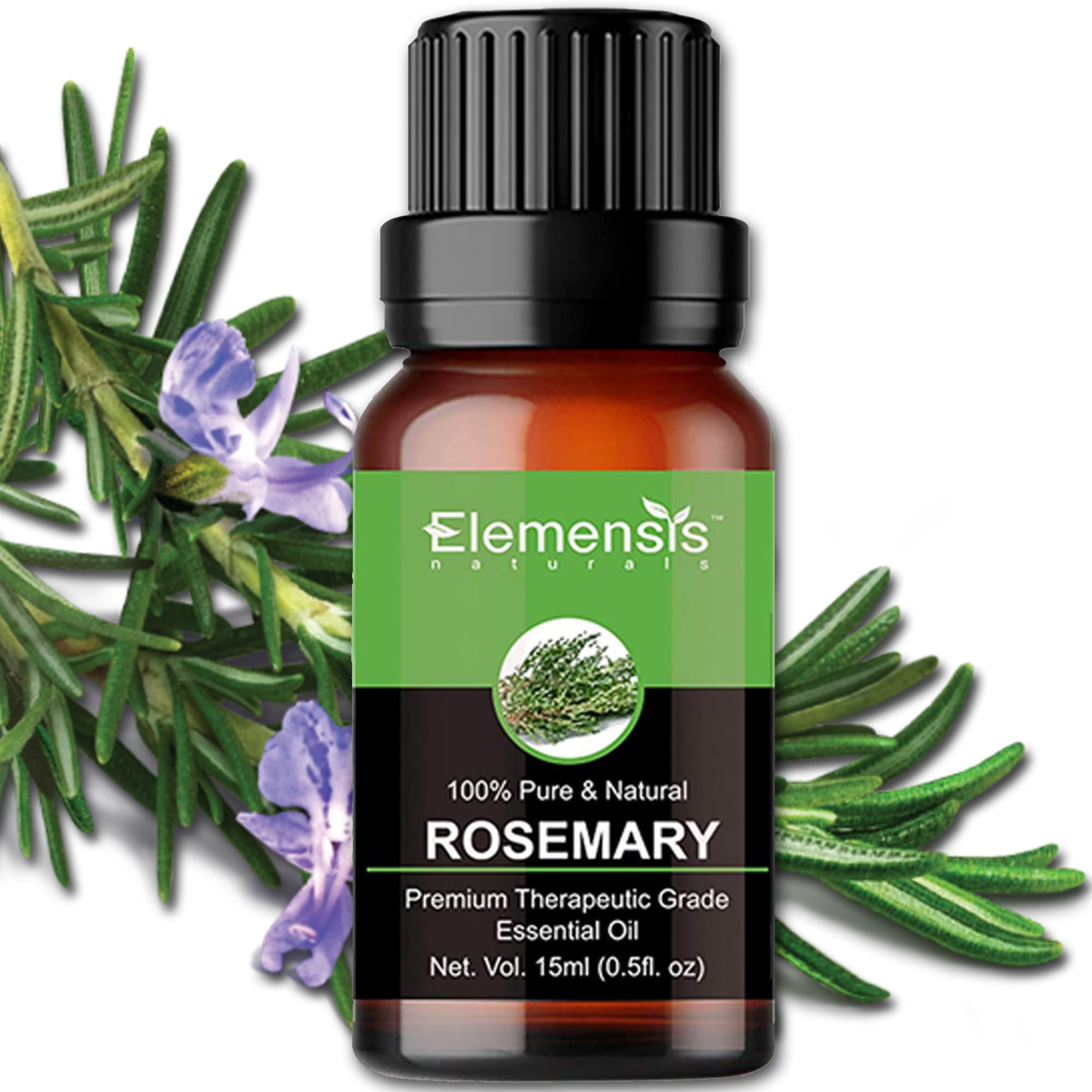 Elemensis Naturals Pure Rosemary Essential Oil for Hair Growth, Skin Care & Aromatherapy - 100% Natural Therapeutic Grade, 15ml - Promotes Healthy Hair, Glowing Skin & Relaxation at Home or Spa