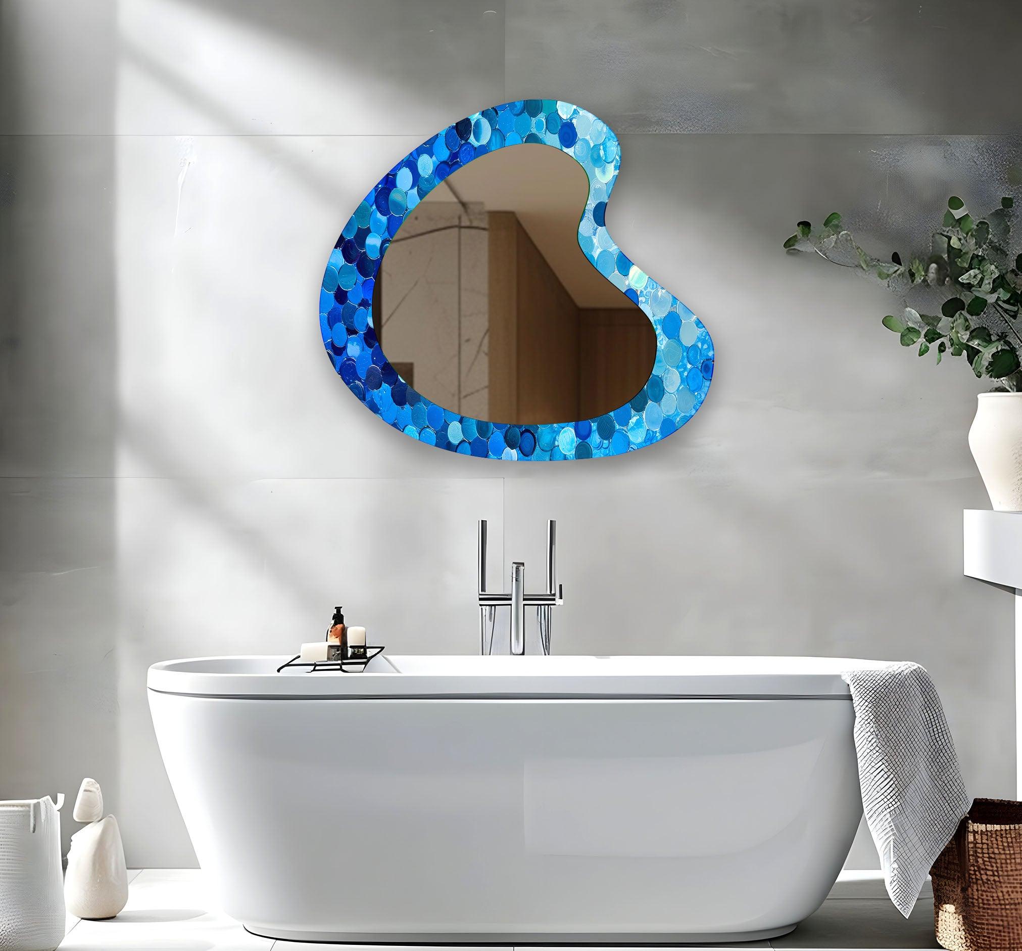 Blue Bubbles Decorative Glass Wall Mirror - Elegant Round Bathroom Vanity Mirror for Bedroom & Living Room Decor