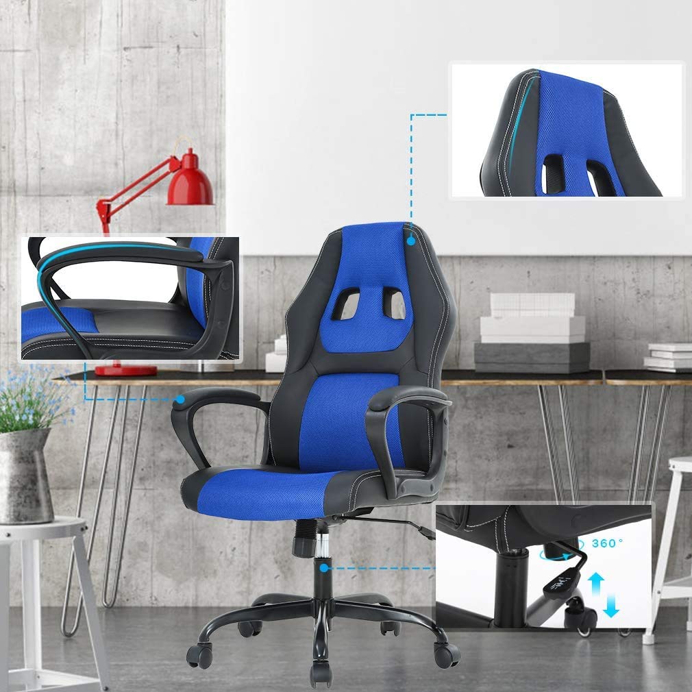 Ergonomic Office Chair with Lumbar Support - Adjustable Height Swivel Rolling Computer Chair for Gaming, Executive & Home Office - Breathable Leather Task Chair (Blue) - Perfect for Long Work Hours & Gaming Sessions