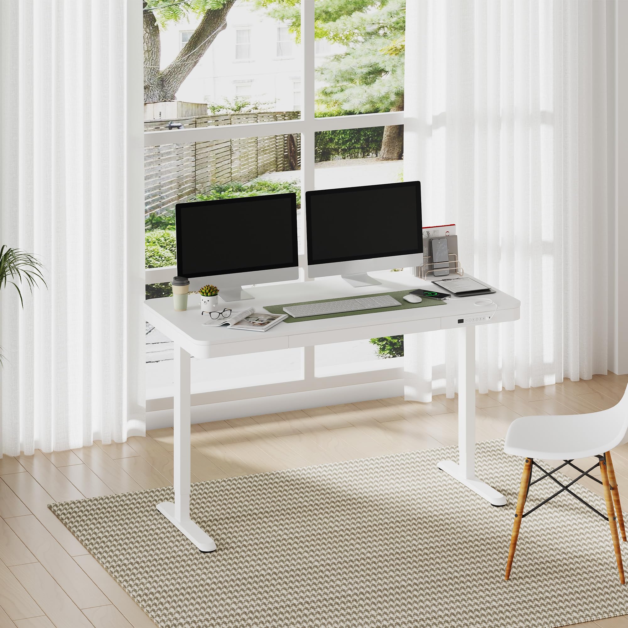 FLEXISPOT 55 Inch White Electric Adjustable Height Standing Desk with Storage Drawers & USB Charging Port | Quick Assembly Home Office Desk | Ergonomic Sit Stand Workstation for Small Spaces (White Top + Comhar Frame) - Perfect for Remote Work, Gaming Setup & Study Room