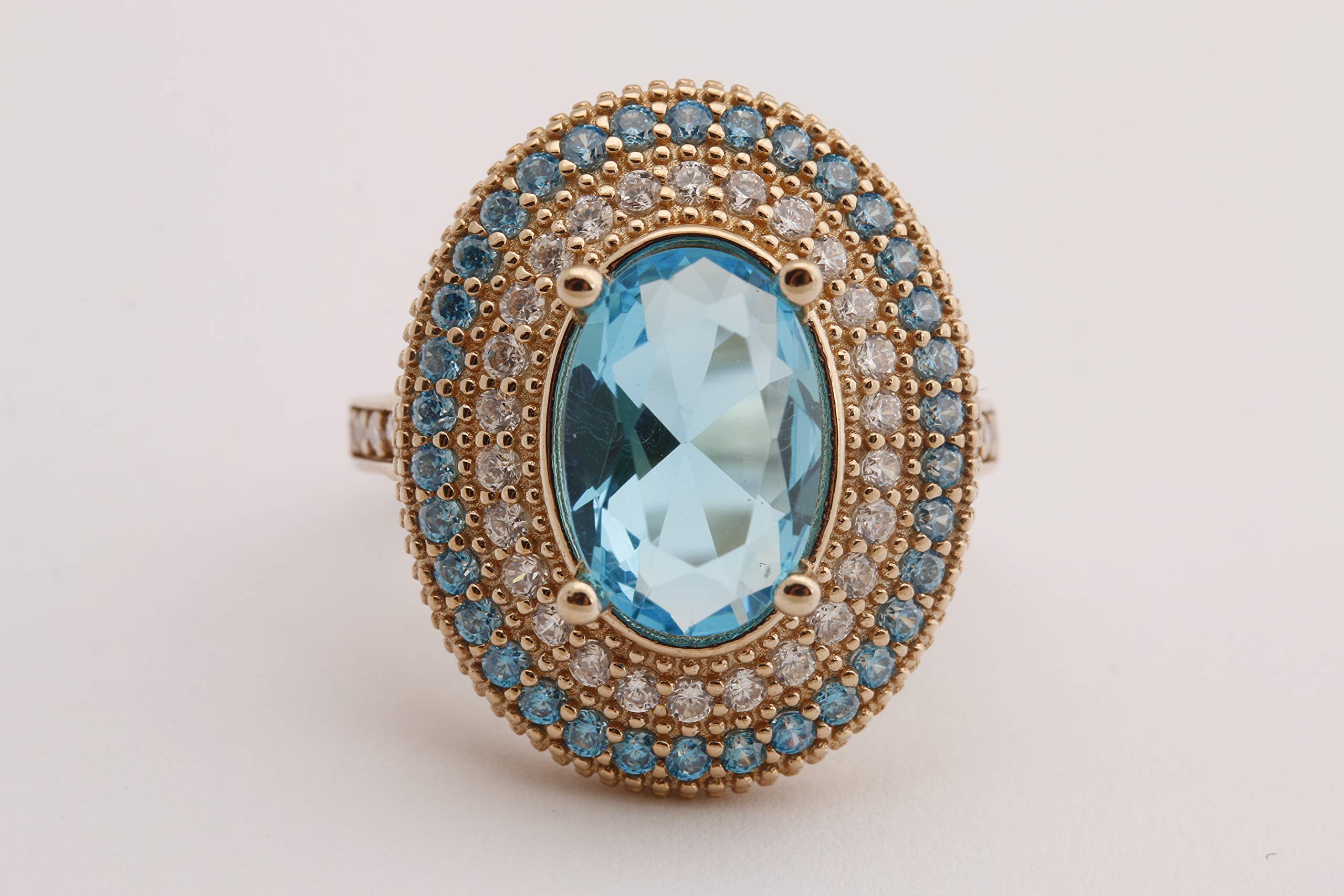 Handmade Turkish 925 Sterling Silver Ring with London Blue Topaz & Round Cut Topaz - Oval Shape Jewelry for Women - Perfect for Weddings, Parties & Everyday Wear (All Sizes Available)