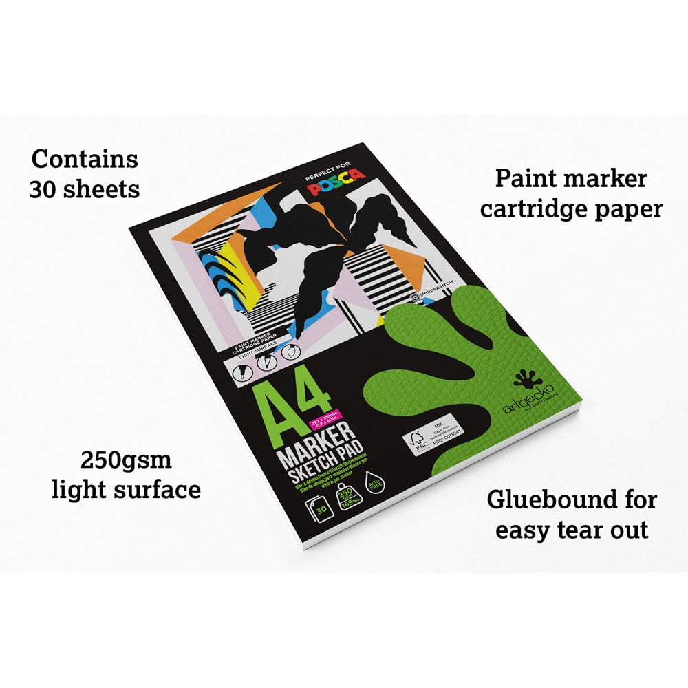 Artgecko Pro Marker Sketchpad - A4 Size, 30 Sheets, 250gsm Thick White Paper for Artists, Illustrators & Designers - Perfect for Sketching, Drawing & Marker Art Projects