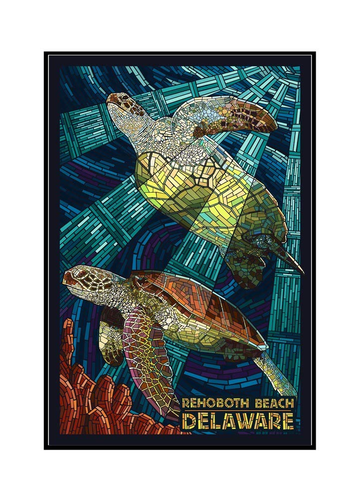 Delaware Rehoboth Beach Sea Turtle Mosaic Art - 24x36 Inch Framed Gallery Wrapped Canvas Wall Decor - Perfect for Coastal Home Decor, Beach House Living Room & Ocean Themed Bedroom