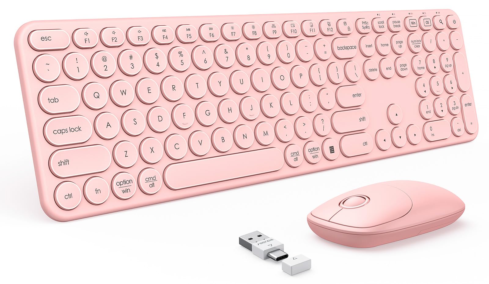 PEIOUS Wireless Keyboard and Mouse Combo - Pink Full-Size USB/Type-C Receiver, Compatible with MacBook, Windows, Laptop & PC - Perfect for Office, Gaming & Home Use