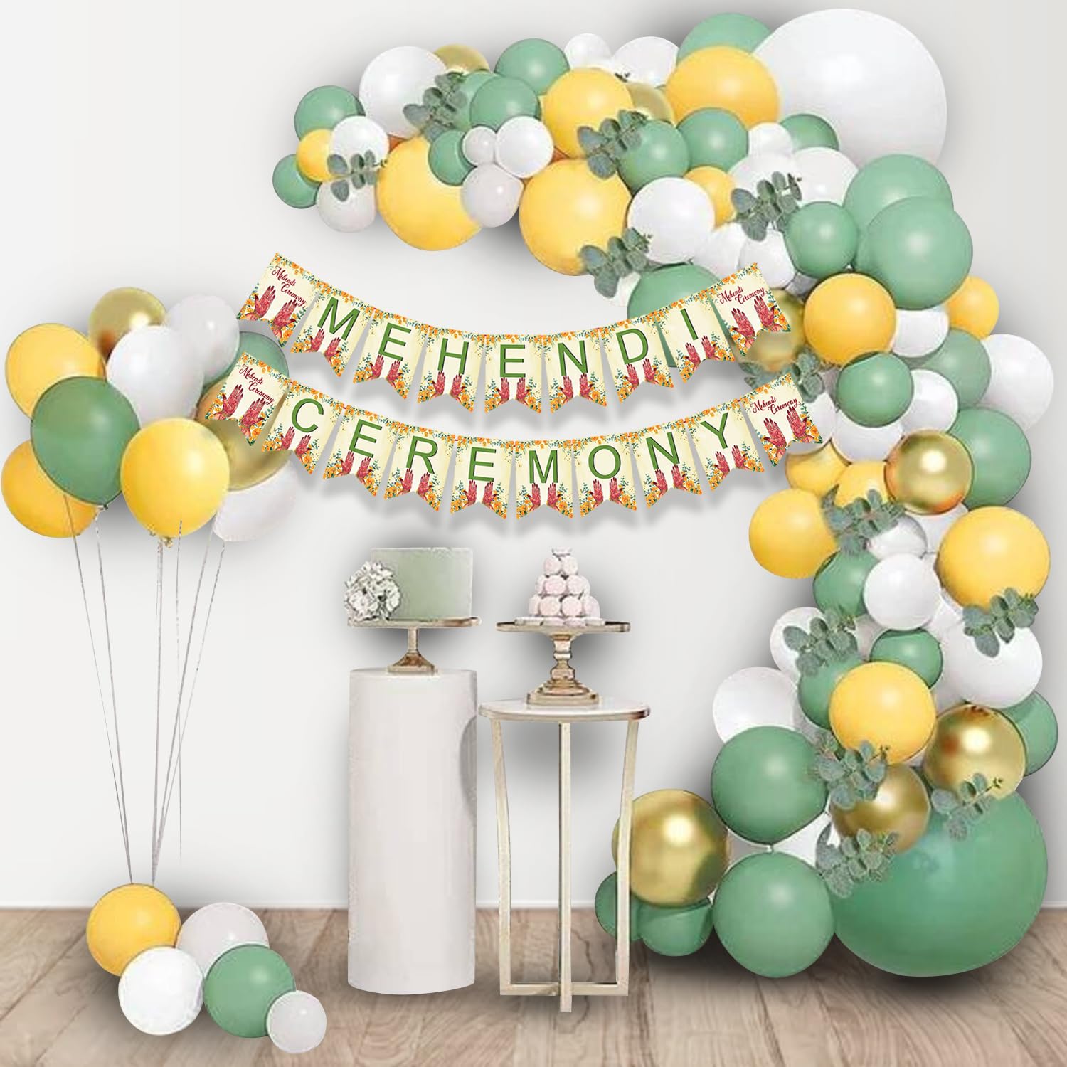 47pcs Mehndi Balloons & Artificial Money Plant Set - Premium Wedding Decoration Kit for Mehendi, Haldi & Bachelorette Parties - Includes Cardstock Banner for Indian Ceremonies & Festive Celebrations