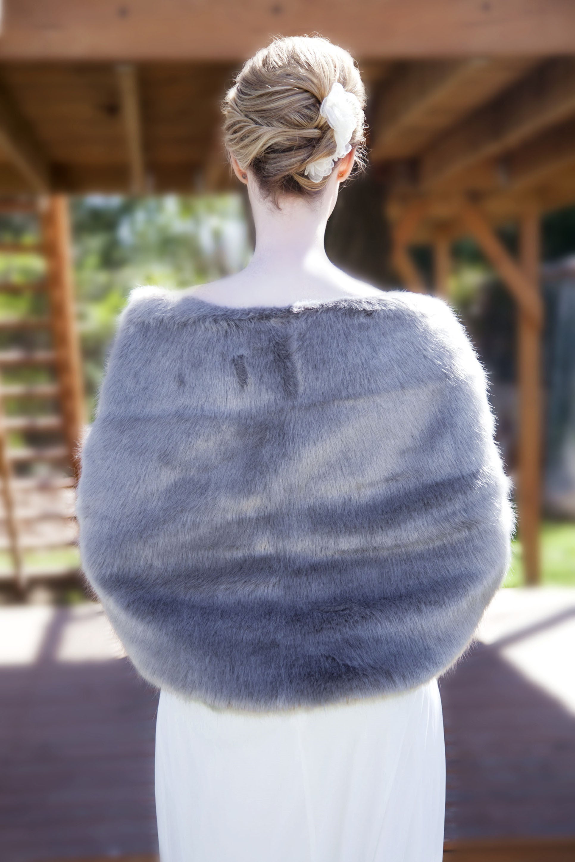 Grey Faux Fur Shawl with Hooks & Eyes - Butterfly Gry07 - Elegant Winter Wrap for Women, Perfect for Parties, Weddings & Cold Weather Fashion