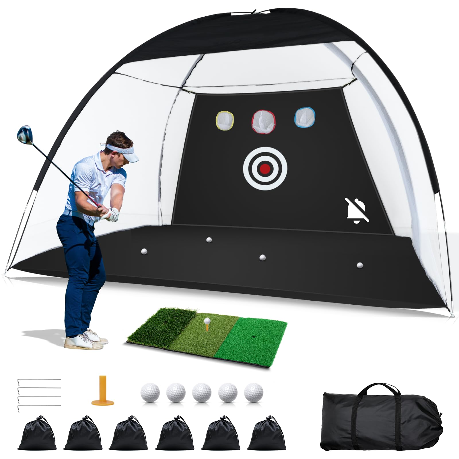 **10x7ft Golf Practice Net with Noise Reduction - Indoor/Outdoor Golf Training Aid for Backyard Driving, Chipping & Swing Practice - Includes Tri-Turf Golf Mat for Real Ball Training**    *(Perfect for Home, Backyard, Driving Range & Golf Course Practice - Enhance Skills Anywhere!)*