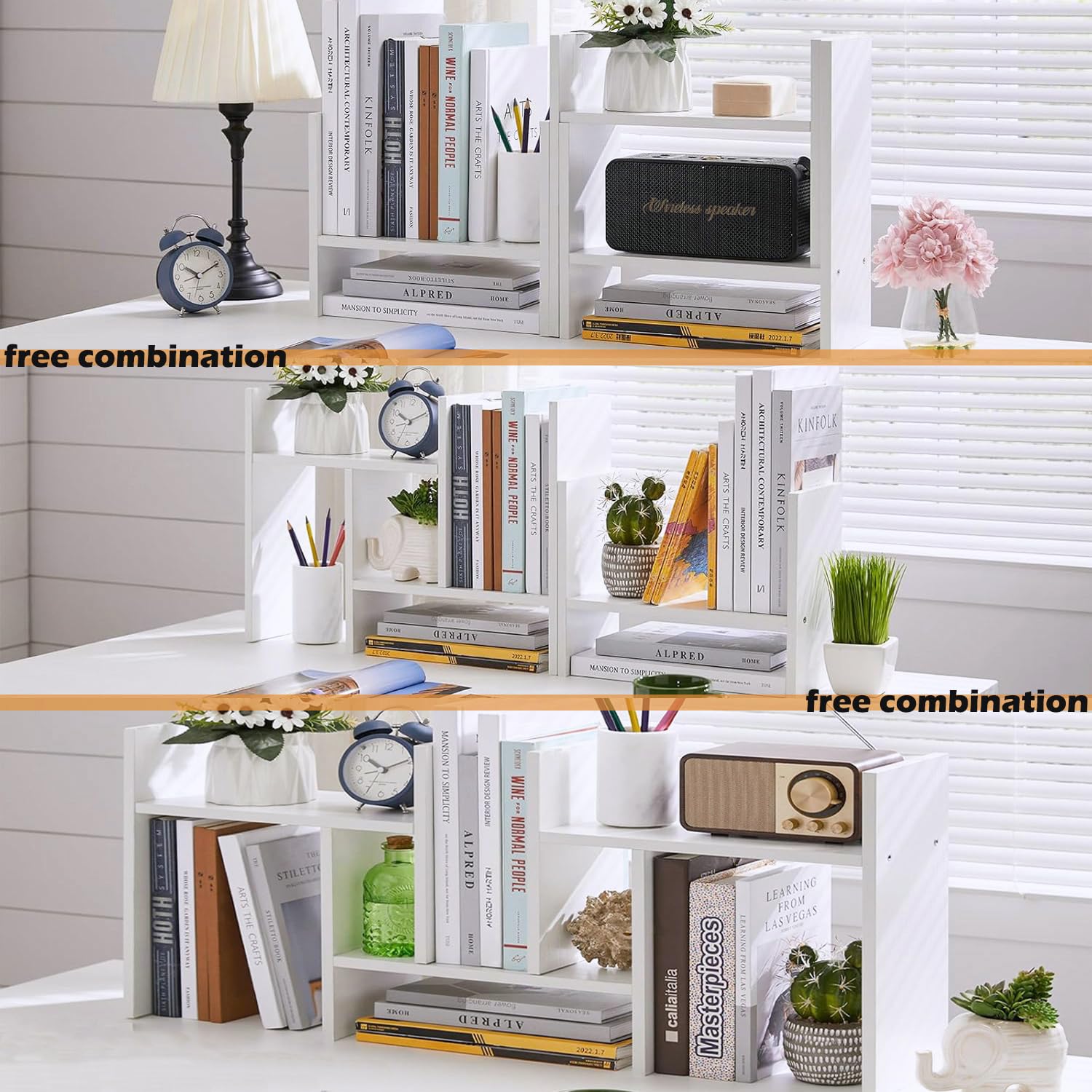 Meikuler Adjustable Wood Desktop Shelf Organizer - Solid White Office Storage Rack, Tabletop Bookshelf for Home Decor, Office & Gifts | Perfect for Organizing Books, Plants & Office Supplies on Desks