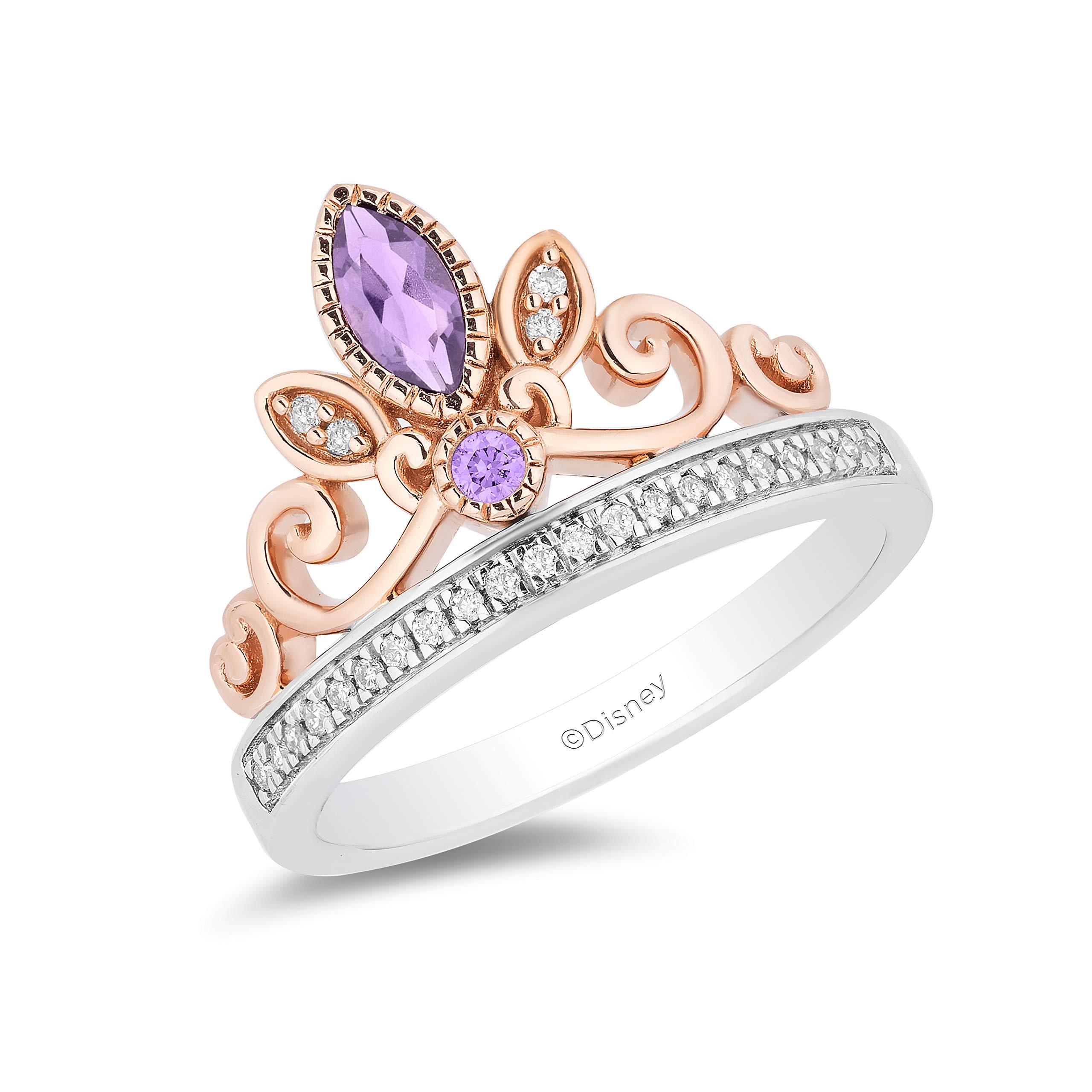 Enchanted Disney 14K Rose Gold Plated Sterling Silver Rapunzel Tiara Ring with 1/10 Carat Rose-de-France Gemstone - Perfect for Disney Princess Fans, Cosplay, and Special Occasions