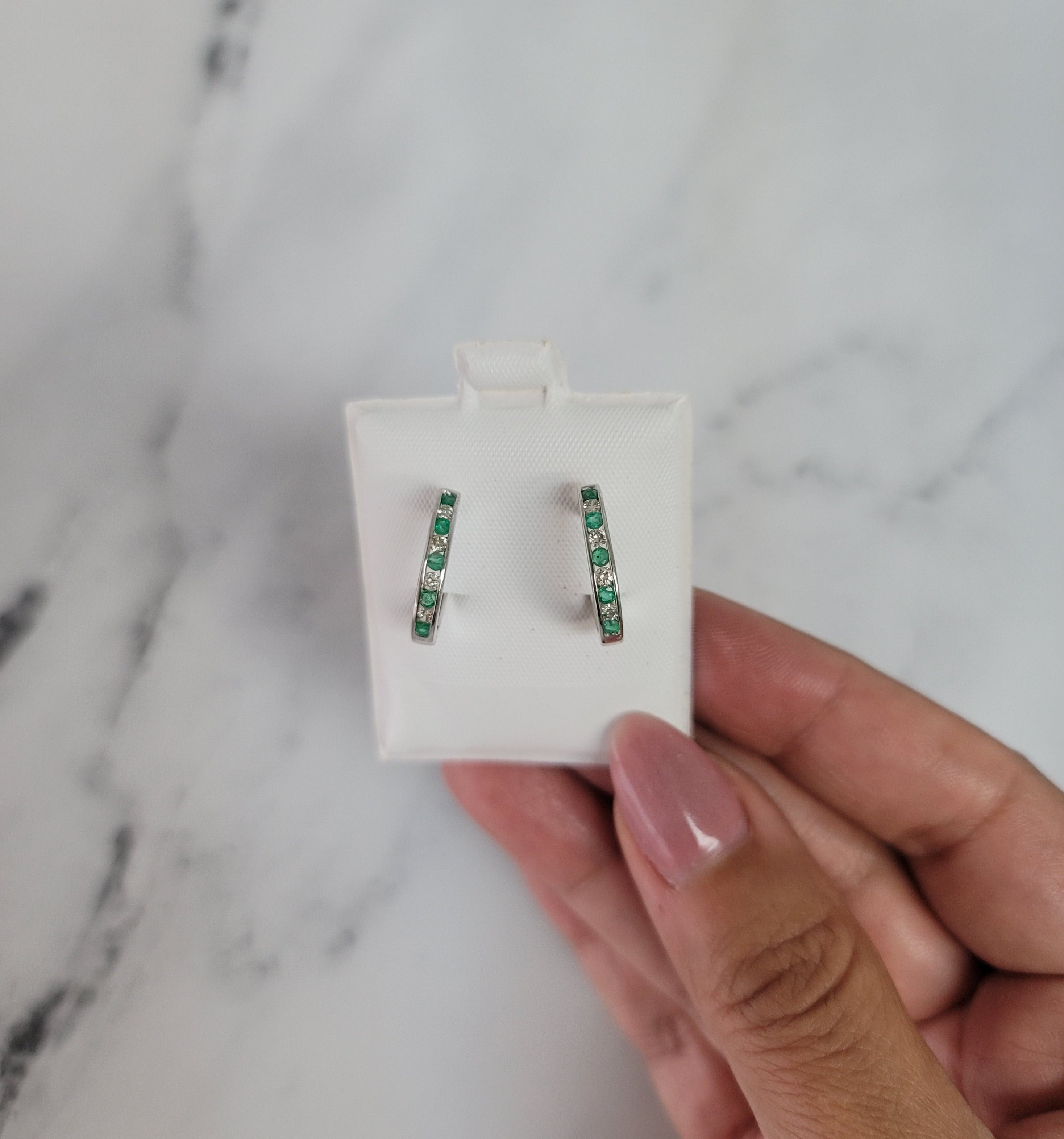 14K White Gold Emerald and Diamond Hoop Earrings 0.51cttw - Elegant Dangle Earrings for Women, Perfect for Weddings, Parties & Special Occasions