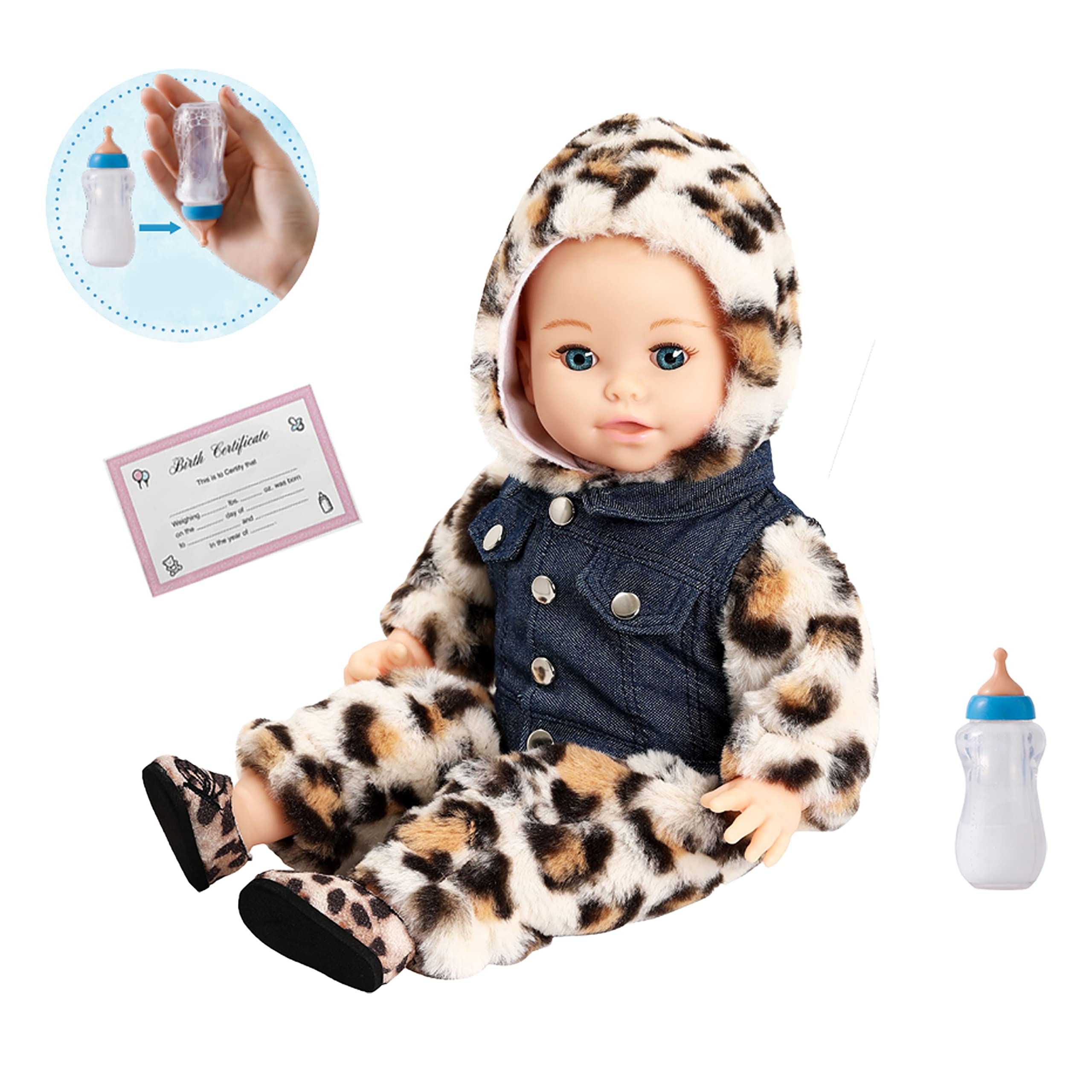 DOLLFUN Hello Baby 14-inch Realistic Soft Body Baby Doll with Leopard Print Outfit & Magic Feeding Bottle - Caucasian Blue Eyes Baby Doll Toy for Kids, Toddlers & Collectors - Perfect for Role Play, Gift Giving & Nursery Decor