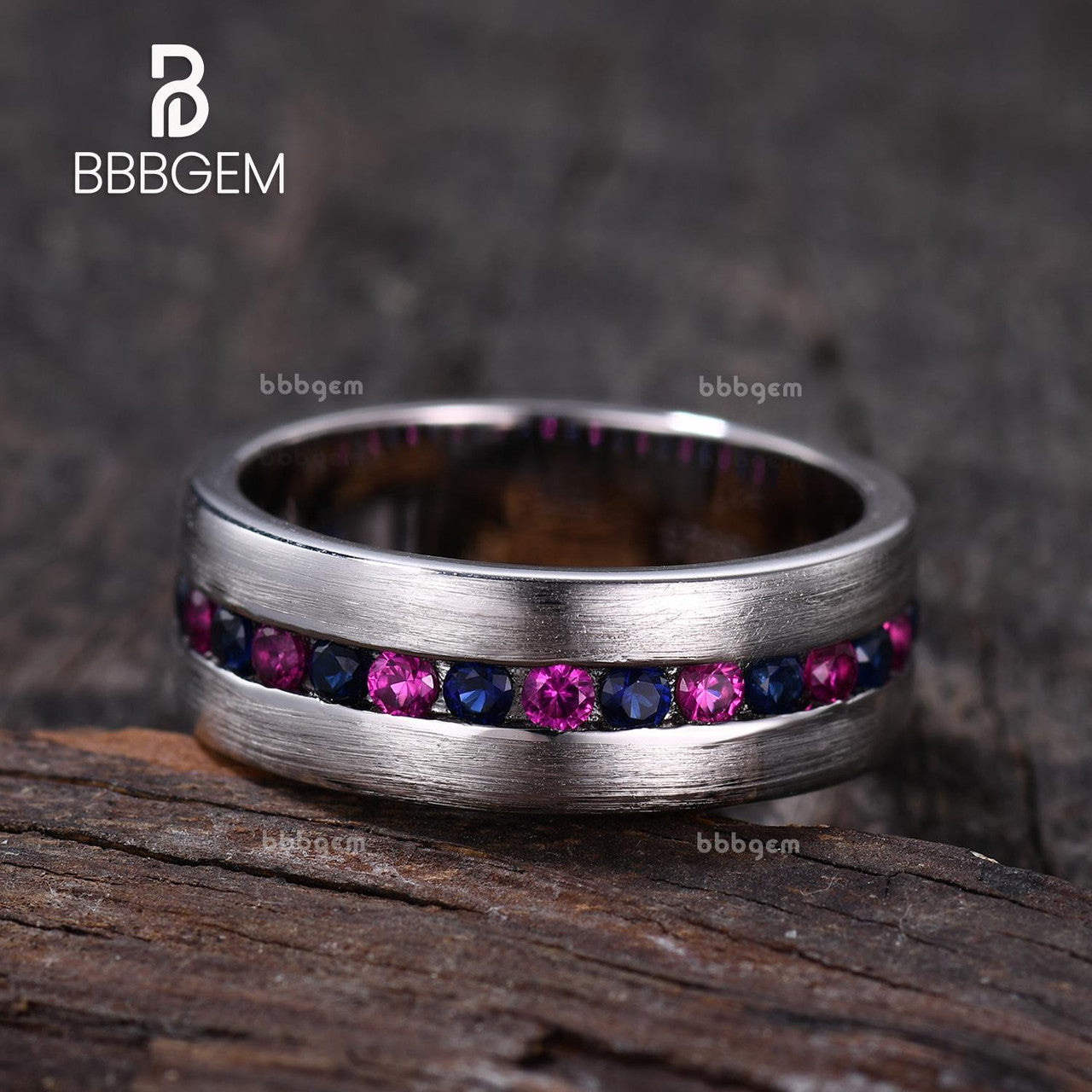 7mm Matte Blue Sapphire & Lab Ruby 3/4 Eternity Band Ring for Men - Sterling Silver Satin Finish - Wedding Band, Anniversary Gift, Promise Ring, Everyday Jewelry