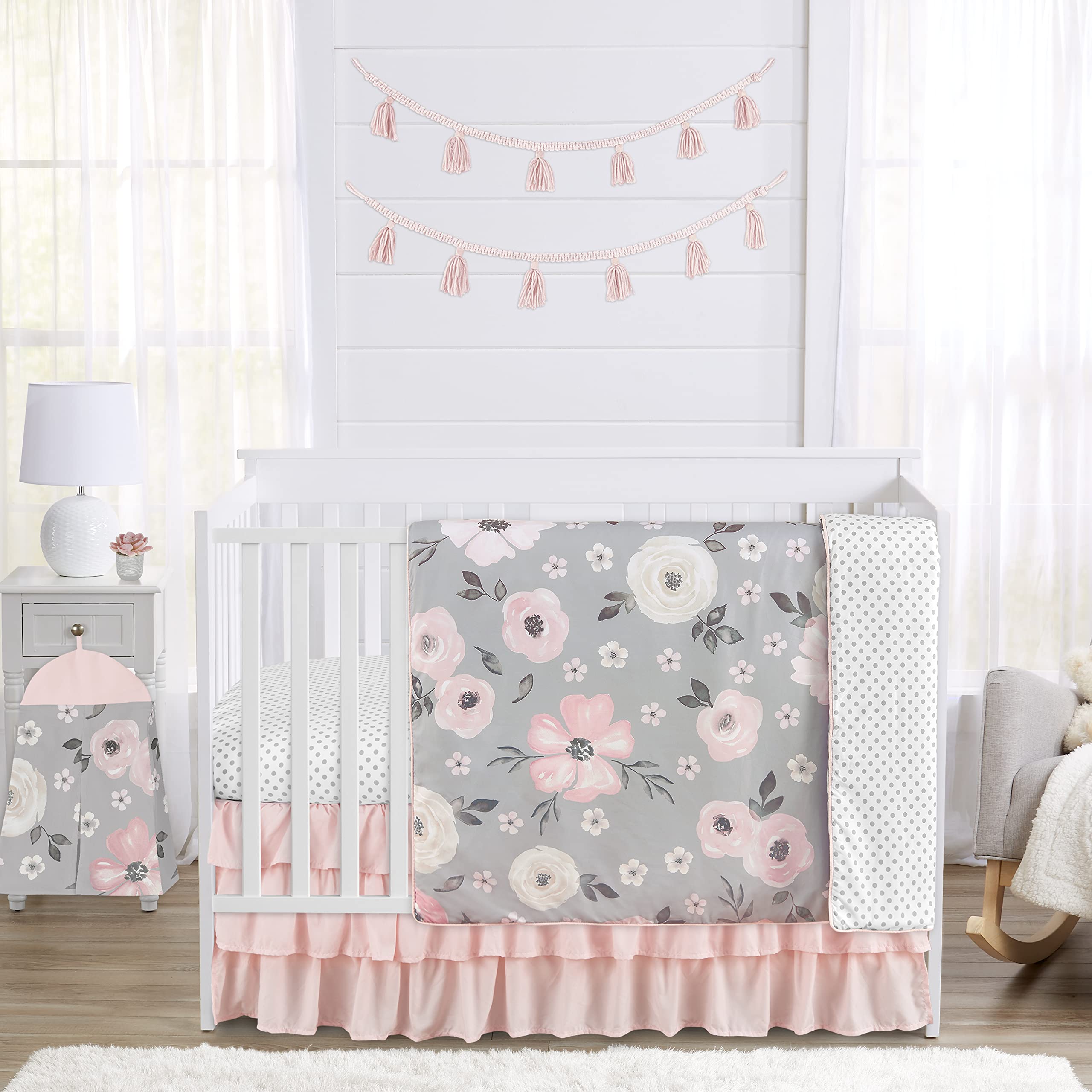 Sweet Jojo Designs Grey Watercolor Floral Baby Girl Nursery Crib Bedding Set - 4 Piece Crib Skirt, Fitted Sheet, Bumper & Pillowcase - Blush Pink Gray White Shabby Chic Rose Flower Polka Dot Farmhouse Decor - Perfect for Newborn Nursery, Baby Shower Gift & Cozy Farmhouse Style Bedroom