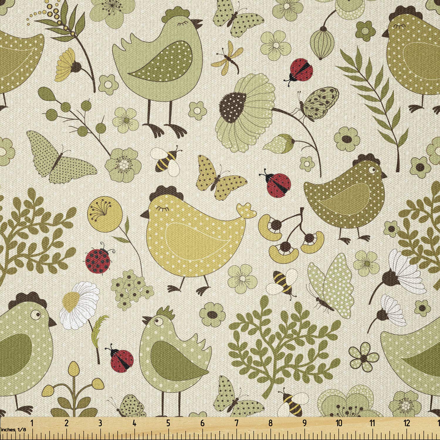Ambesonne Spring Fabric by The Yard - Chicken, Ladybug & Bees Nature Print on Polka Dot Background | Stretch Knit Fabric for DIY Clothing, Sewing & Craft Projects | 10 Yards Khaki Green | Perfect for Spring Dresses, Home Decor & DIY Gifts