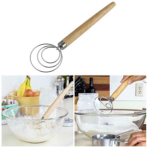 VALINK 9 Inch Stainless Steel Danish Dough Whisk with Wood Handle - Heavy Duty Kitchen Baking Tool for Mixing Bread, Cookies, Pizza Dough & Cake Batter - Perfect for Home Bakers & Professional Chefs