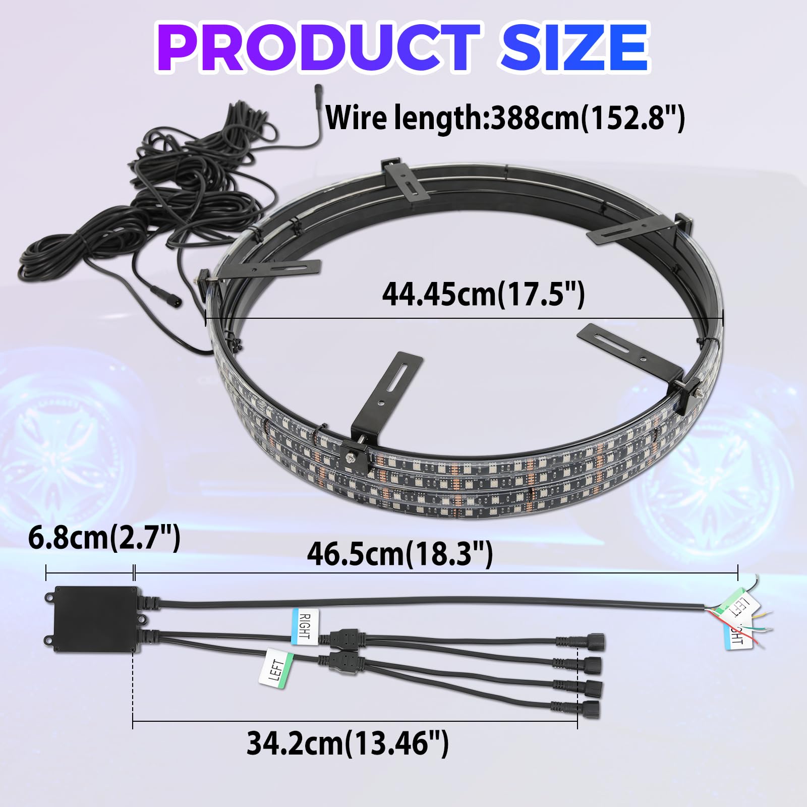4PCS 17.5inch RGB LED Wheel Rim Lights with Bluetooth & Remote Control - Multi-Color Wheel Ring Light Kit with Turn Signal & Braking Function for Pickup Trucks, SUVs & Cars (17.5inch) - Enhance Night Driving Safety & Customize Your Ride's Style